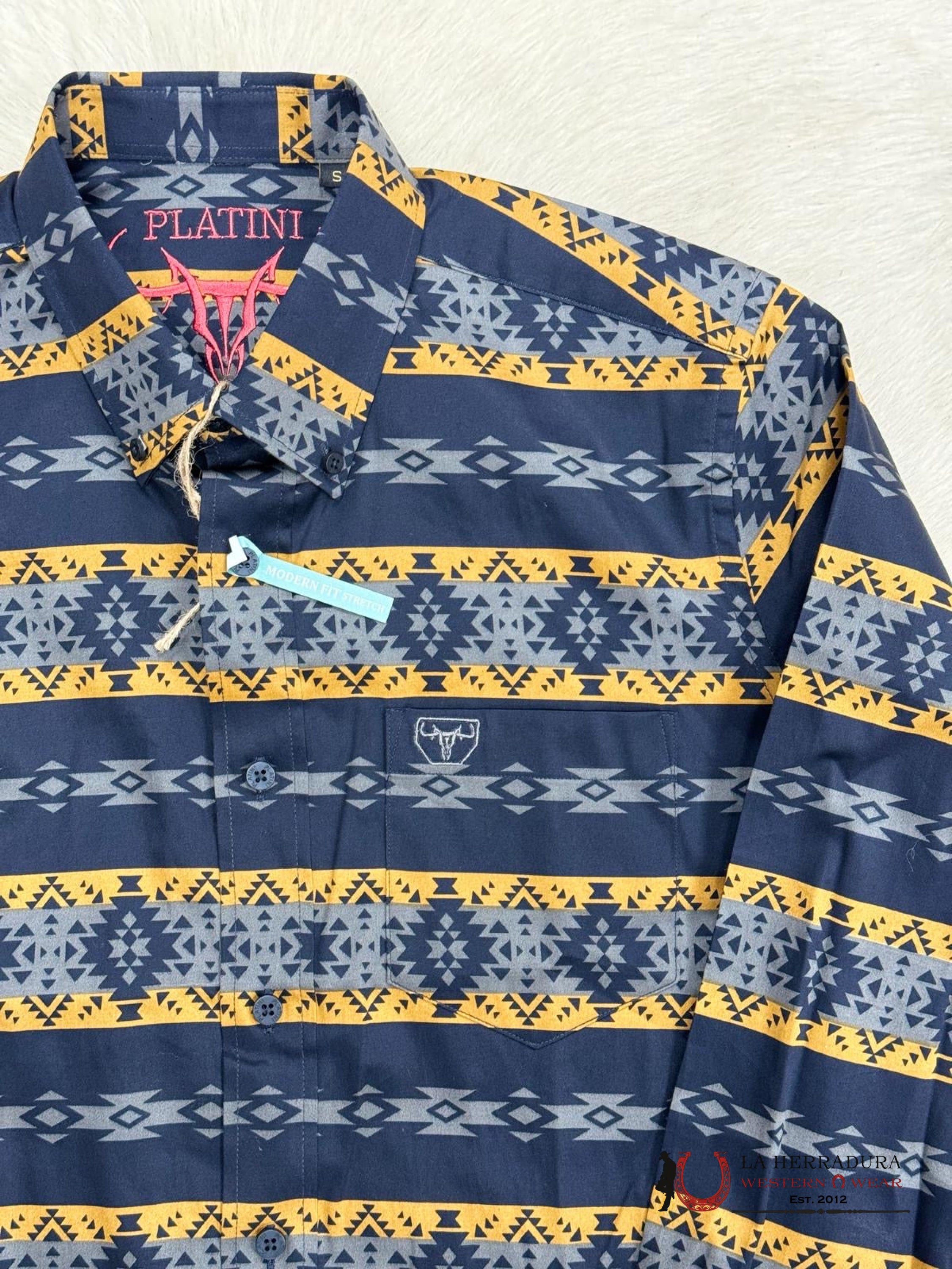 Platini Navy & Gold Aztec Print Long Sleeve Ropa Hombres