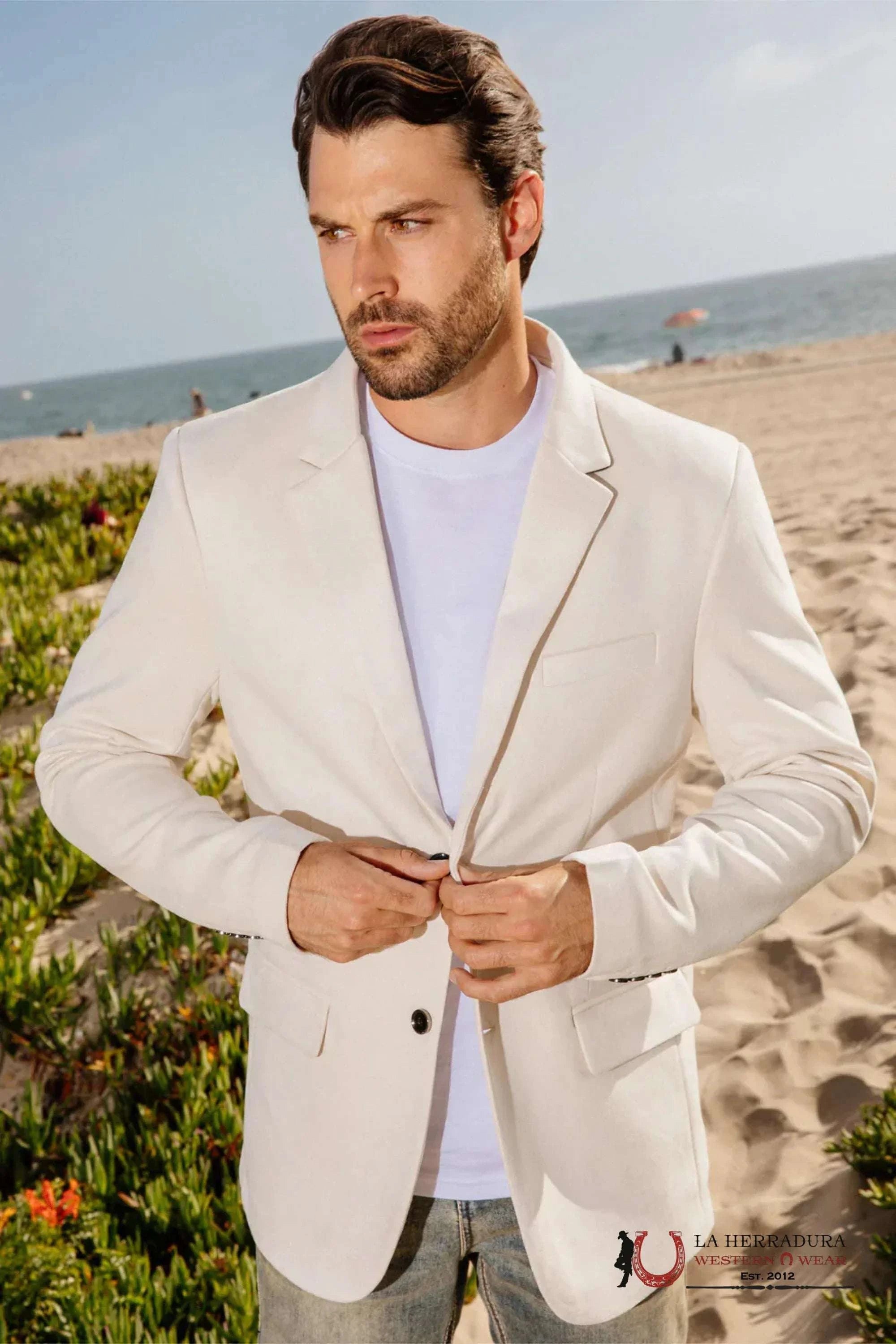 Platini White Beige Gamuza Suede Blazer- Blz9590 Ropa Hombres