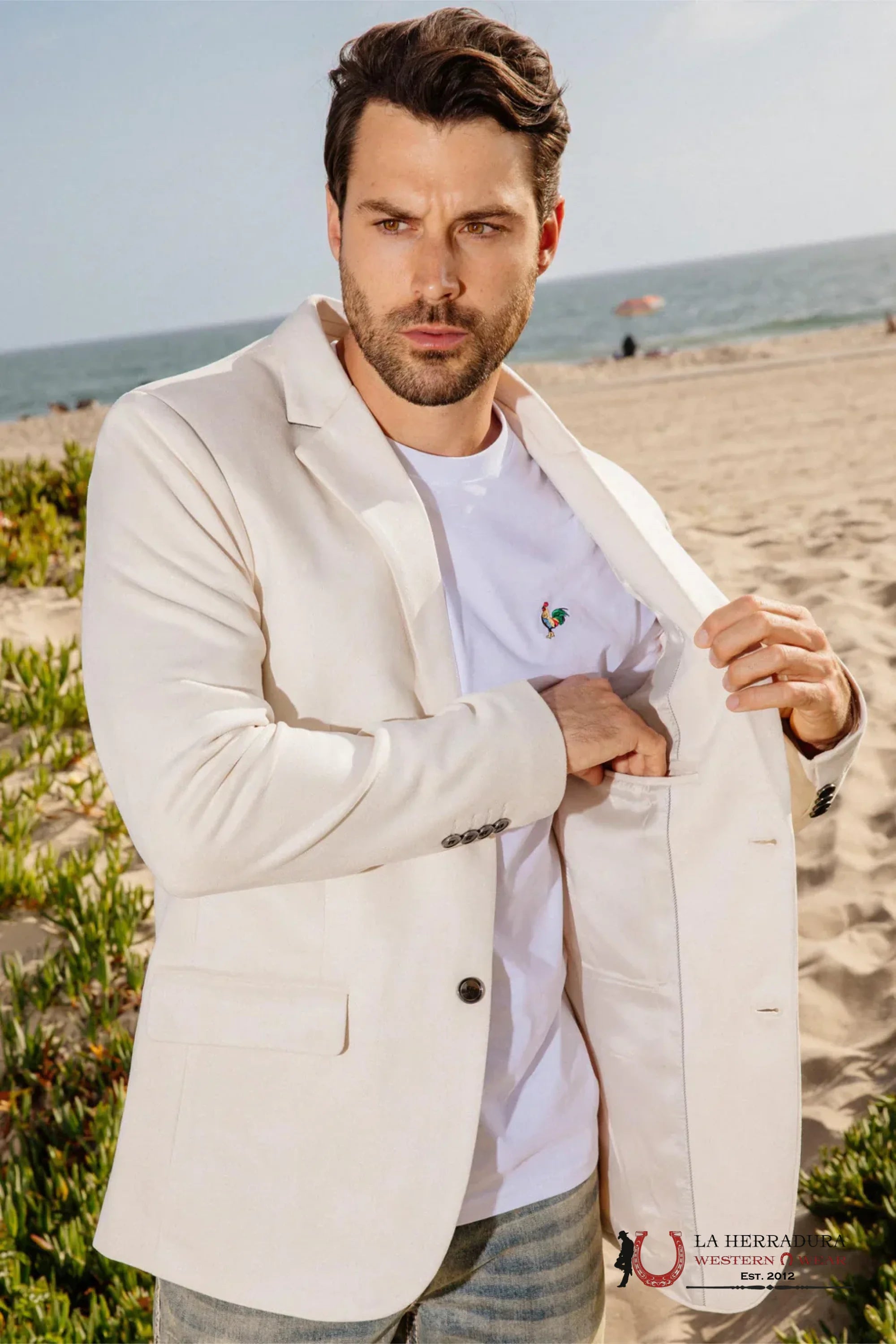 Platini White Beige Gamuza Suede Blazer- Blz9590 Ropa Hombres