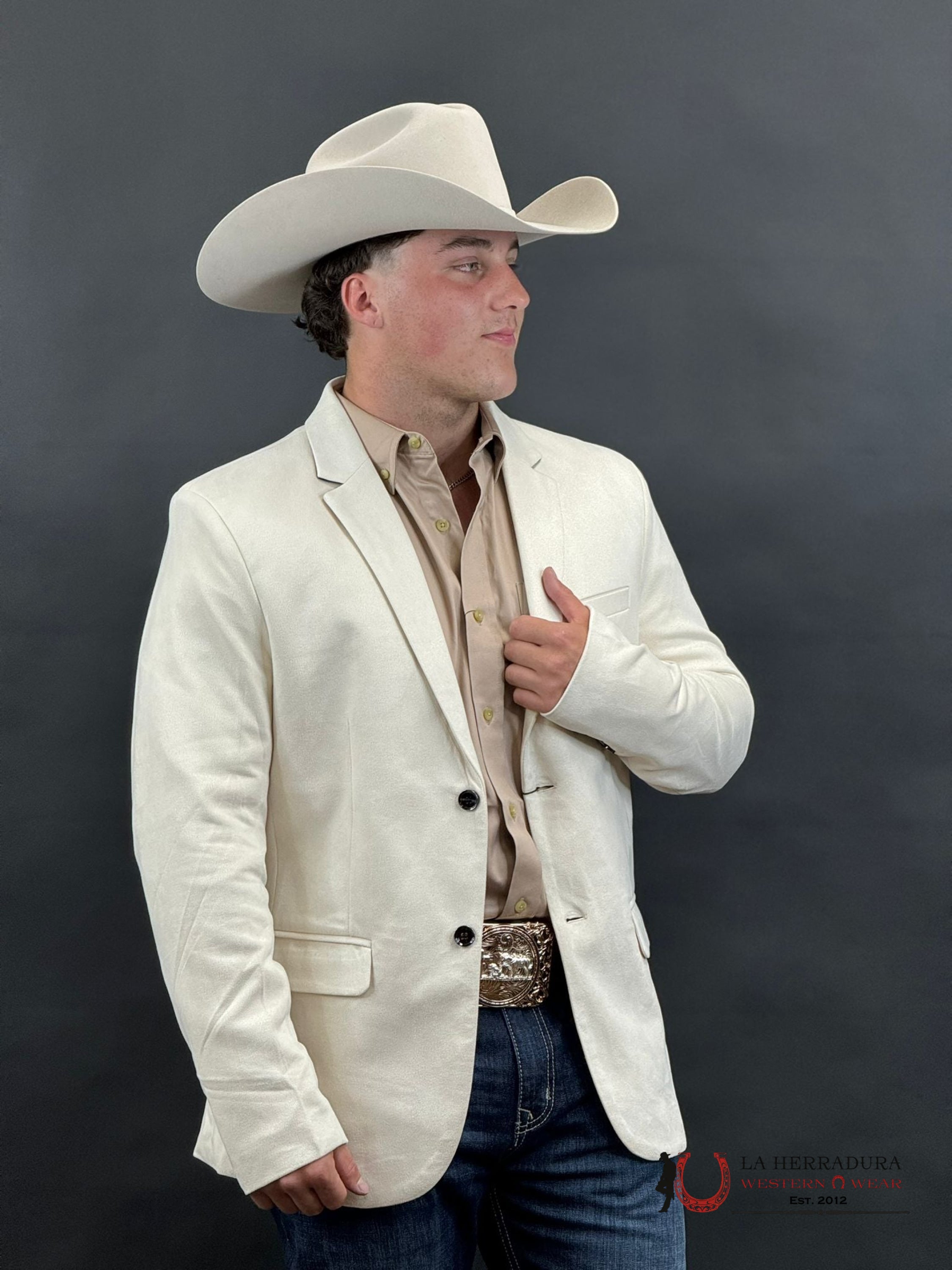 Platini White Beige Gamuza Suede Blazer- Blz9590 Ropa Hombres