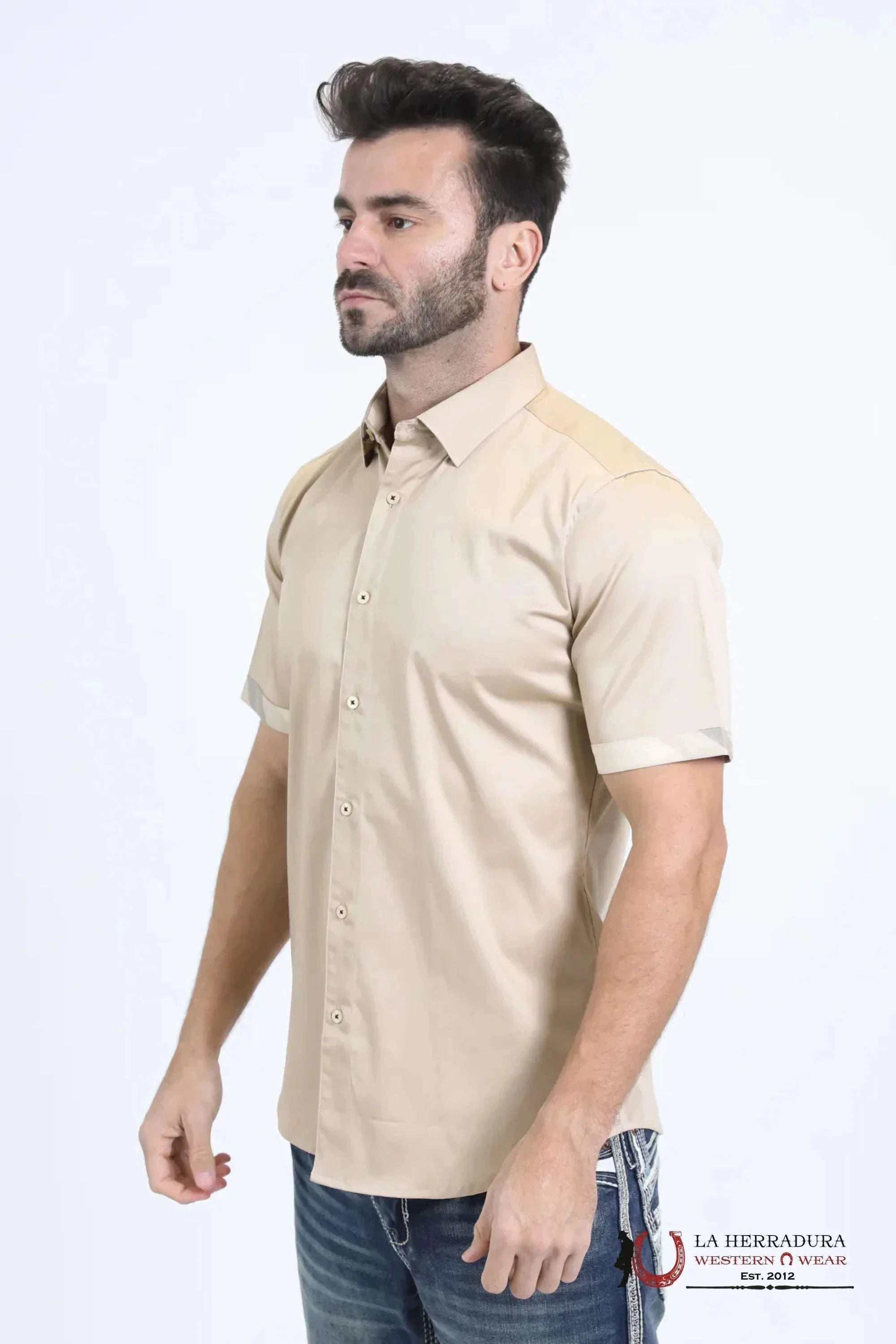 Platini Satin Cotton/Spandex Short Sleeve Beige Shirt - TKS10856 ROPA HOMBRES