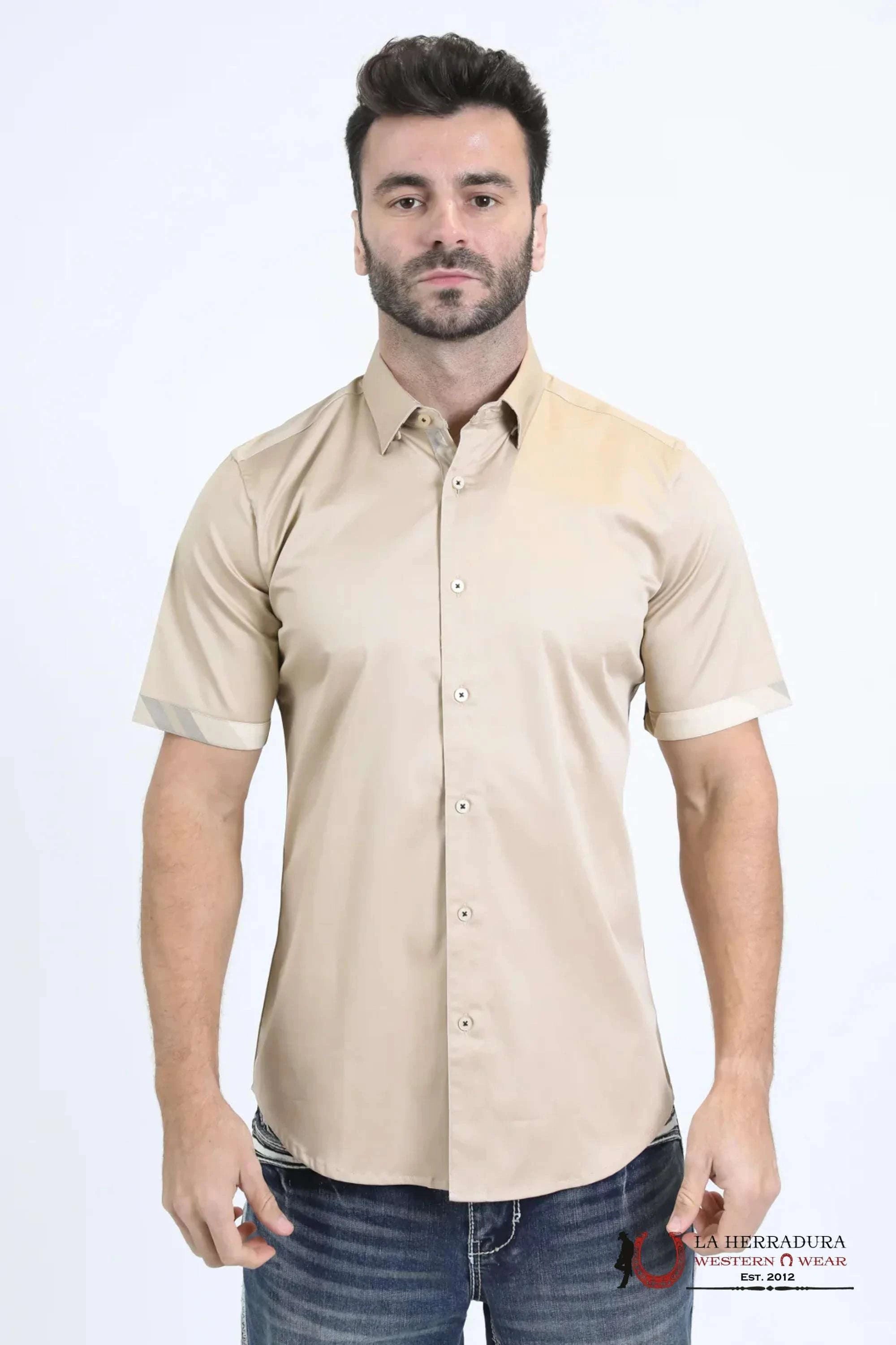 Platini Satin Cotton/Spandex Short Sleeve Beige Shirt - TKS10856 ROPA HOMBRES