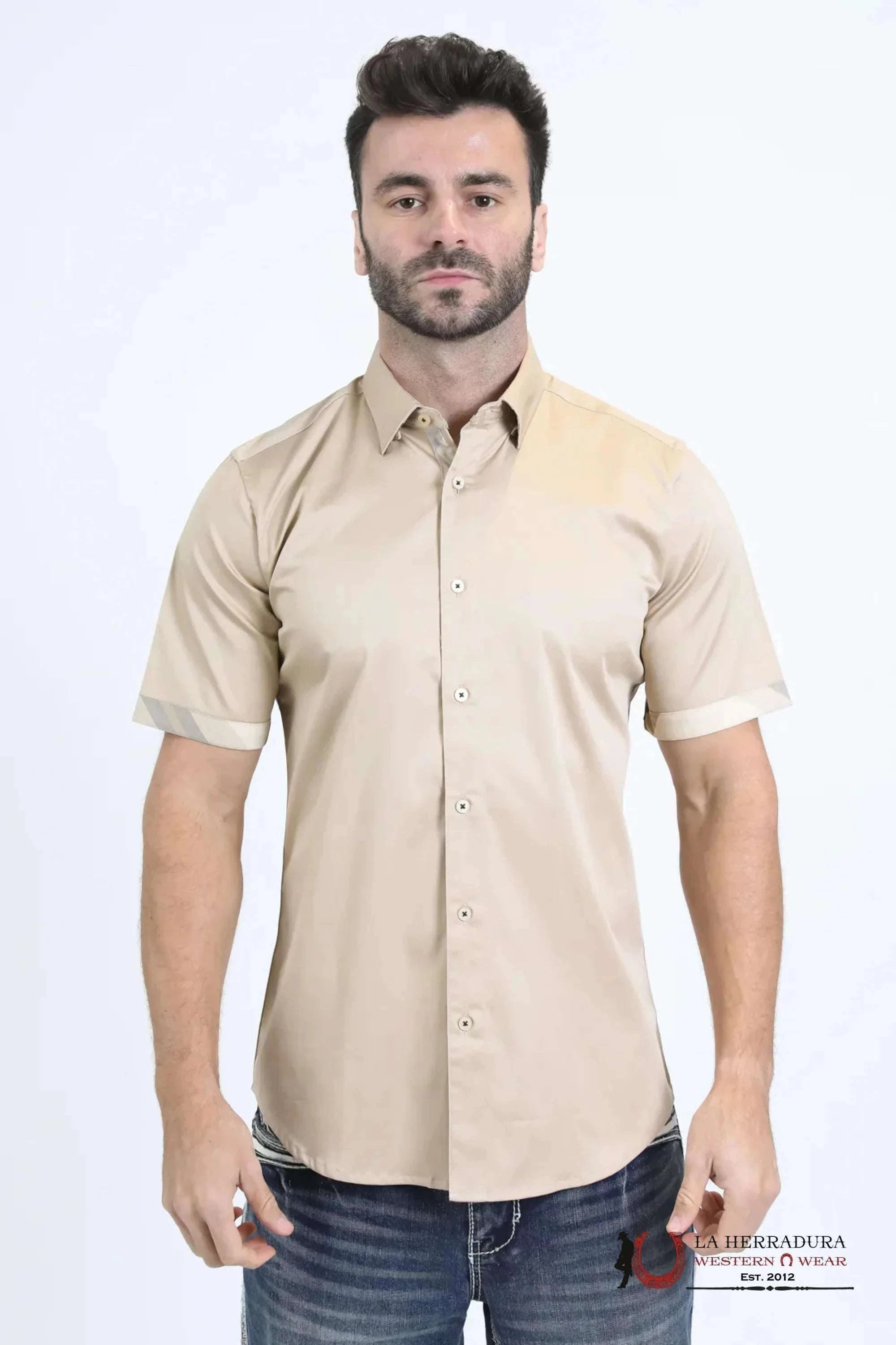 Platini Satin Cotton/Spandex Short Sleeve Beige Shirt - TKS10856 ROPA HOMBRES