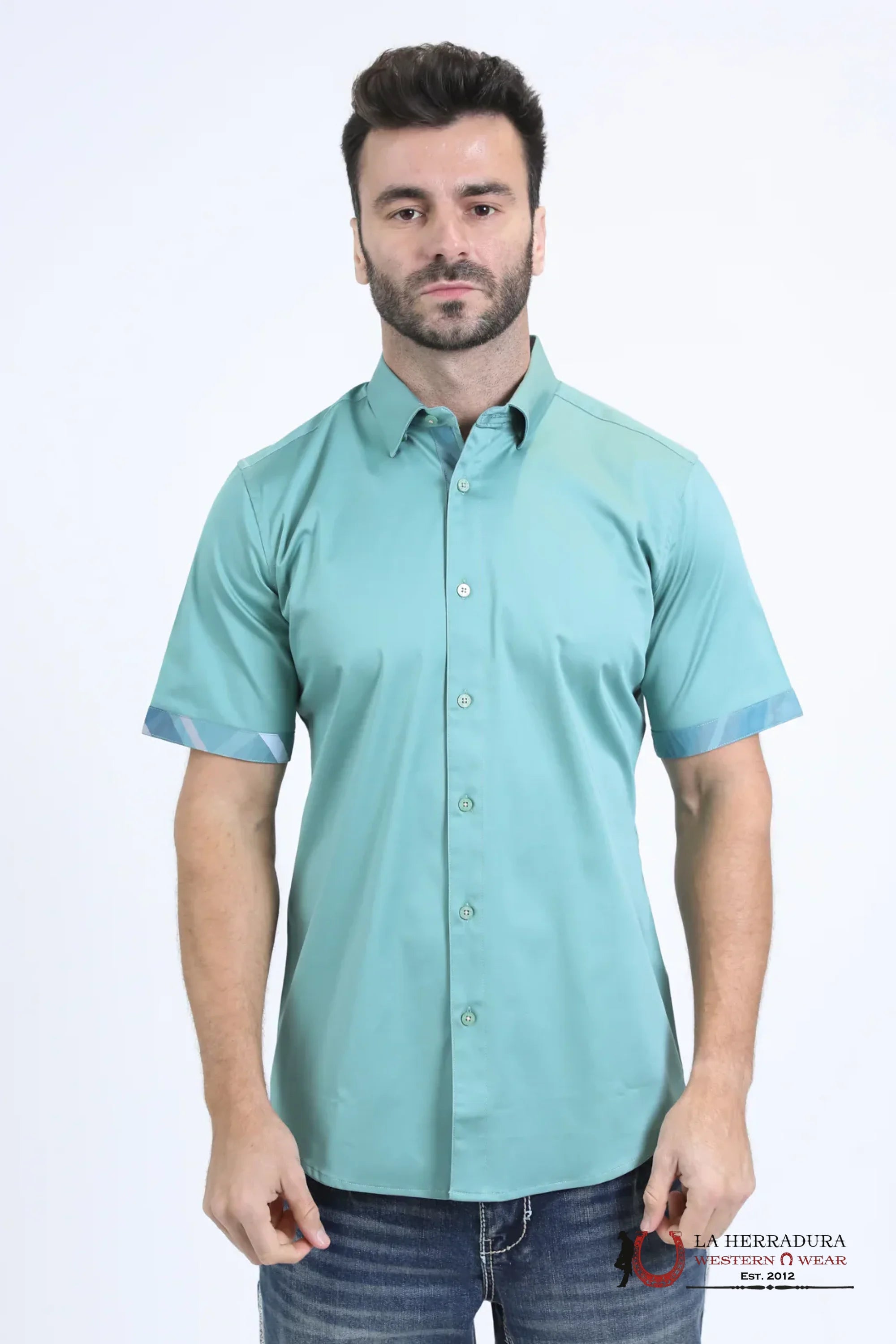 Platini Satin Cotton/Spandex Short Sleeve Teal Shirt TKS10857 ROPA HOMBRES