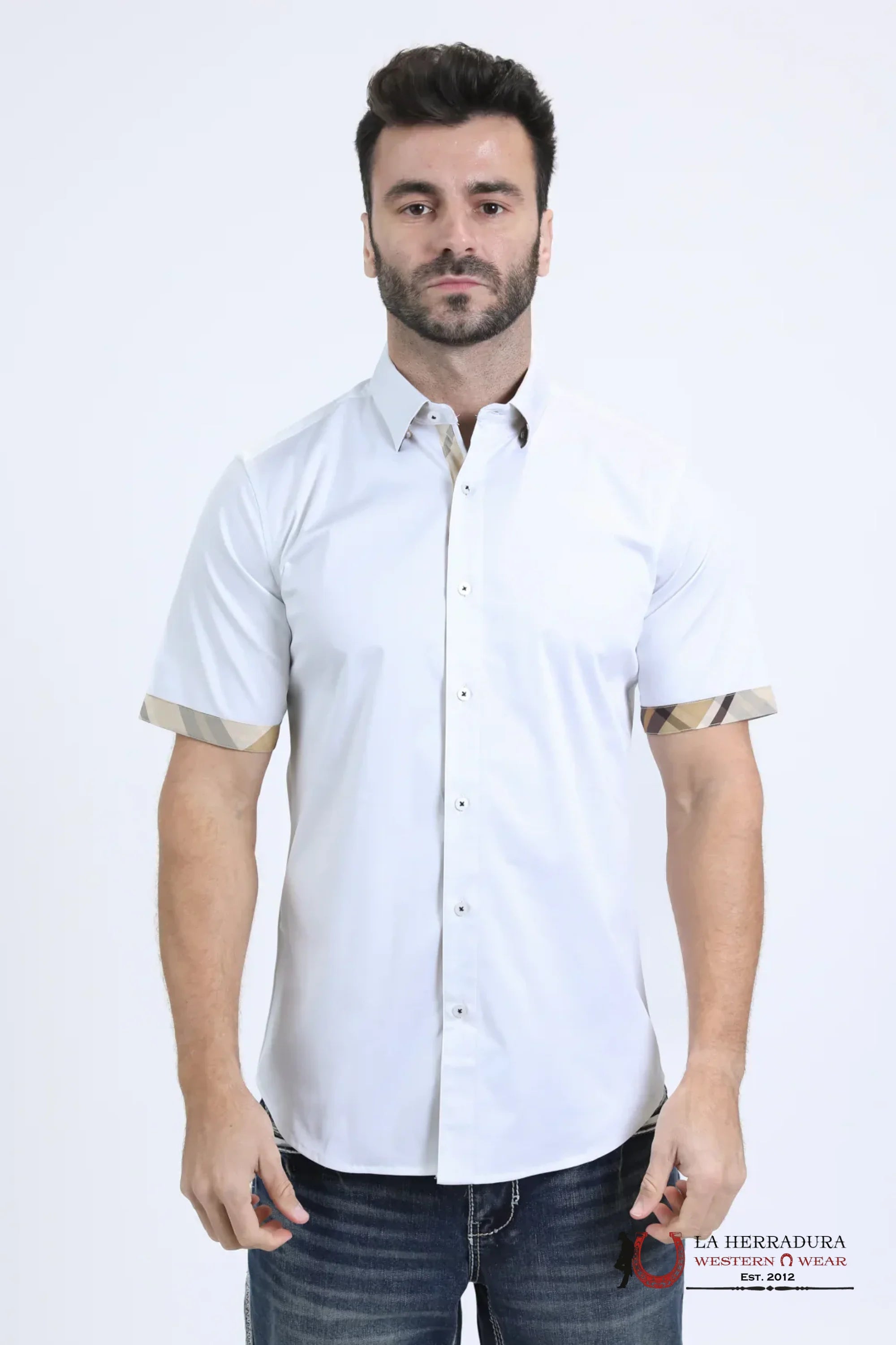 Platini Satin Cotton/Spandex Short Sleeve White Shirt - 10855 ROPA HOMBRES