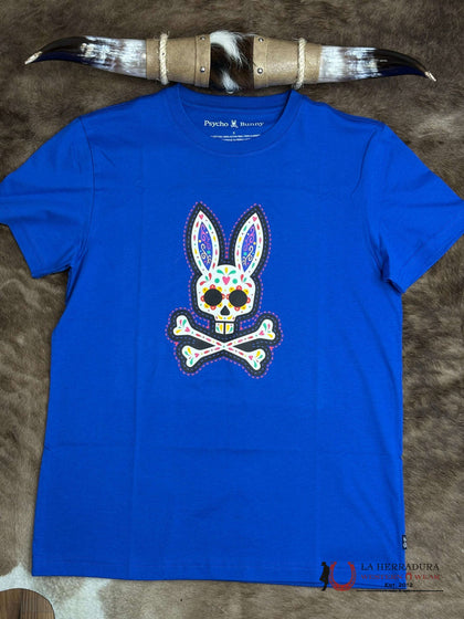PSYCHO BUNNY MEN DAY OF THE DEAD GRAPHIC TEE SAPPHIRE BLUE SHIRT MT0200086