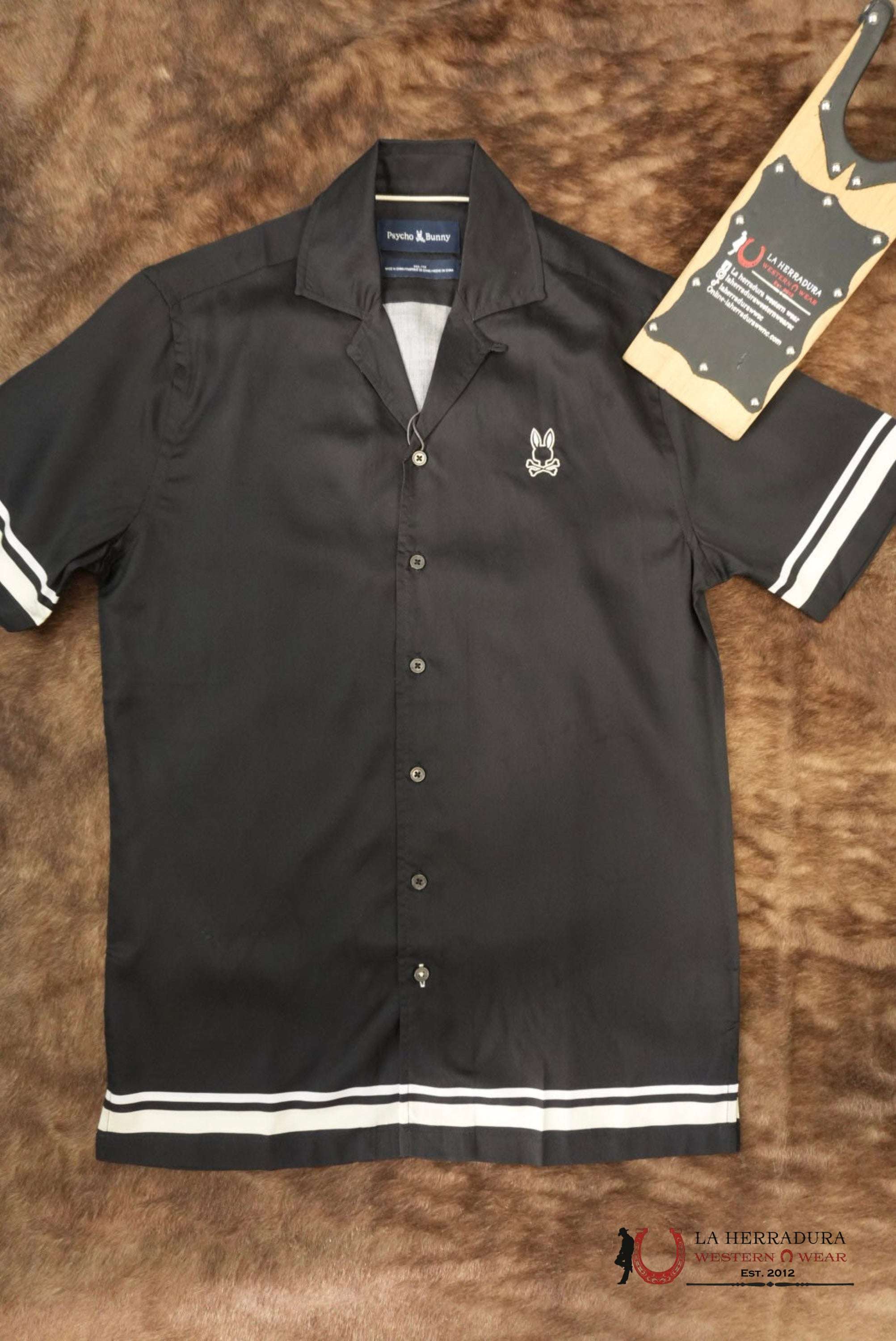 Psycho Bunny Mens Aden Boarder Print Shirt Black ROPA HOMBRES