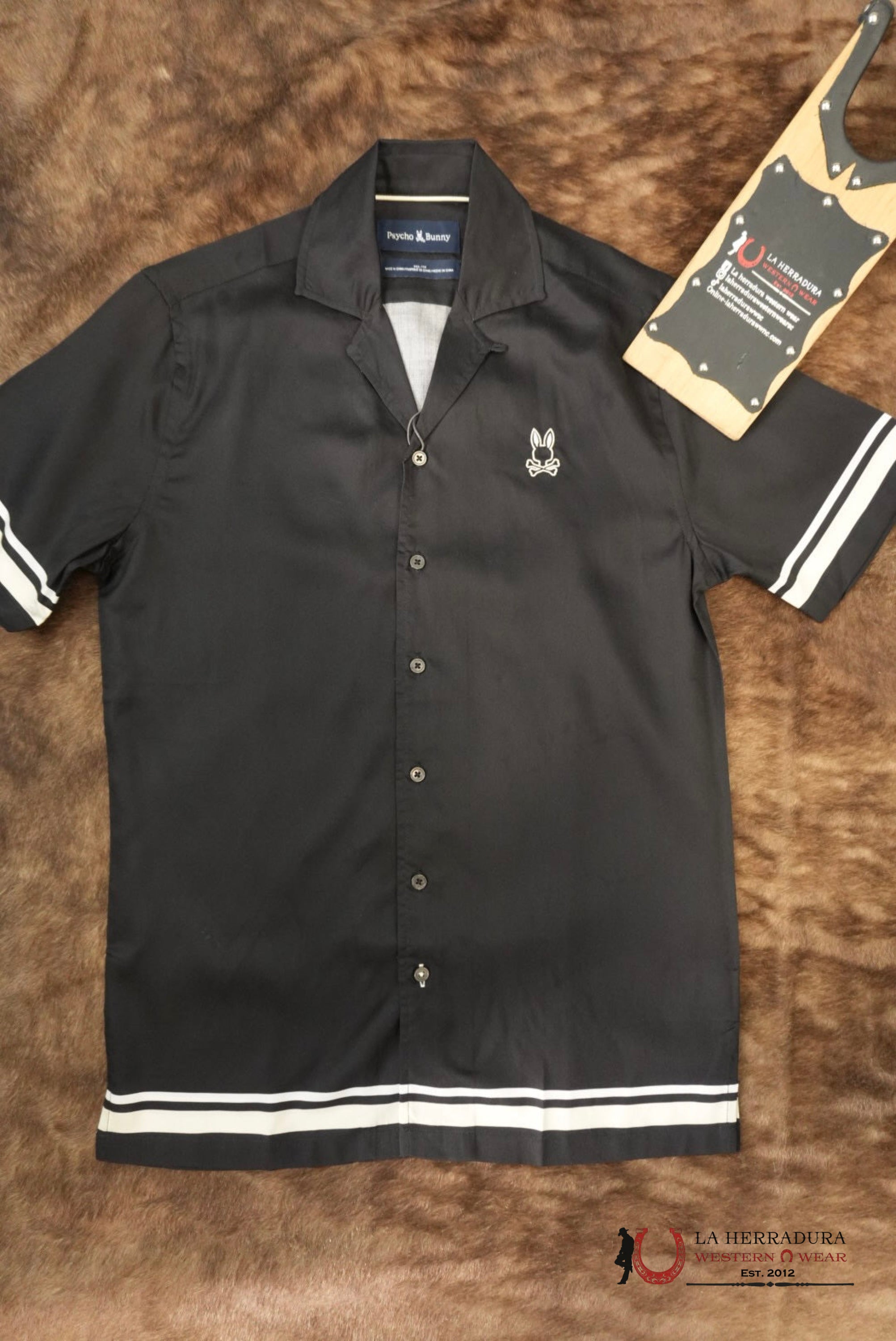 Psycho Bunny Mens Aden Boarder Print Shirt Black ROPA HOMBRES