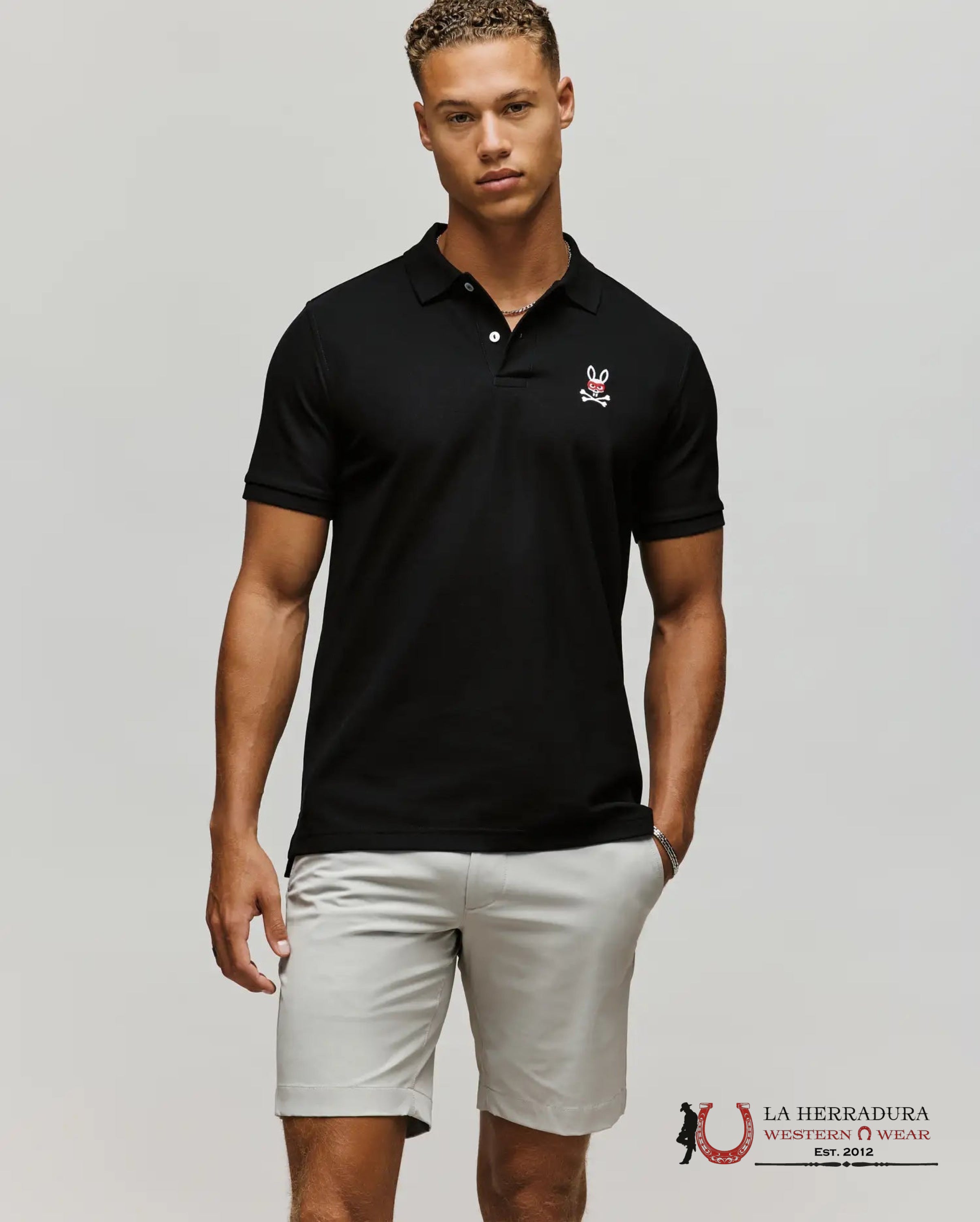 PSYCHO BUNNY MENS MISCHIEF BUNNY PIQUE POLO Black ROPA HOMBRES