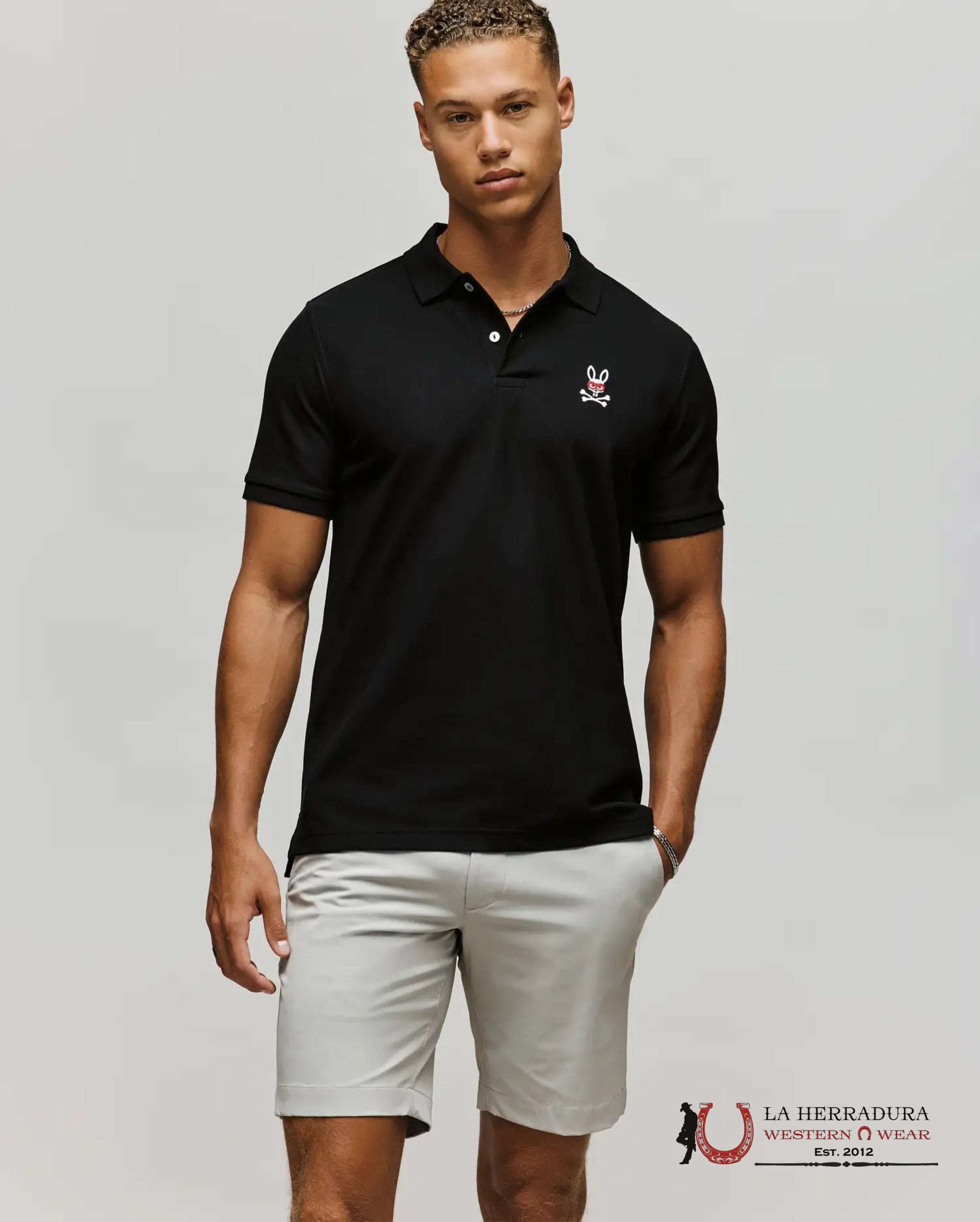 PSYCHO BUNNY MENS MISCHIEF BUNNY PIQUE POLO Black ROPA HOMBRES