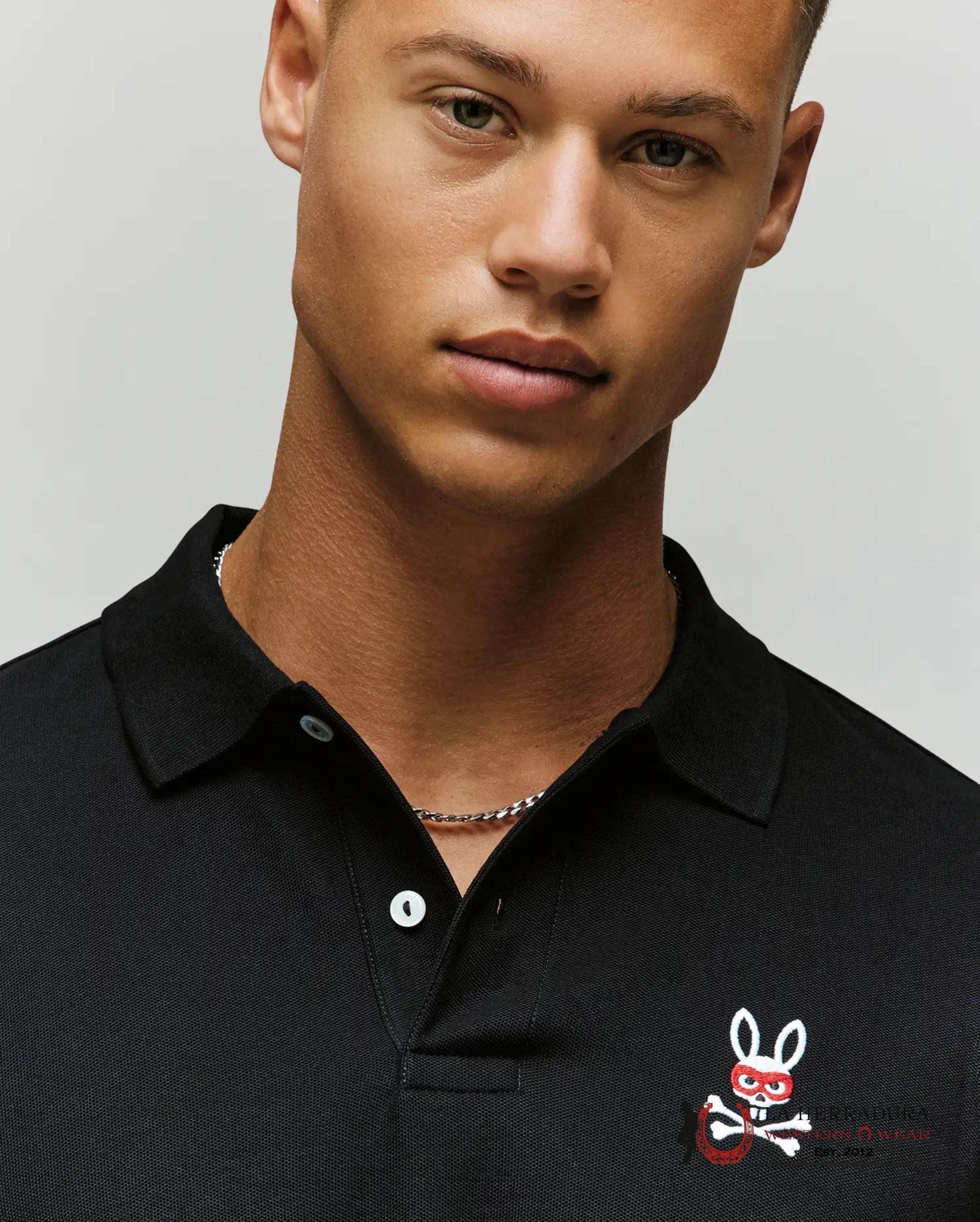 PSYCHO BUNNY MENS MISCHIEF BUNNY PIQUE POLO Black ROPA HOMBRES