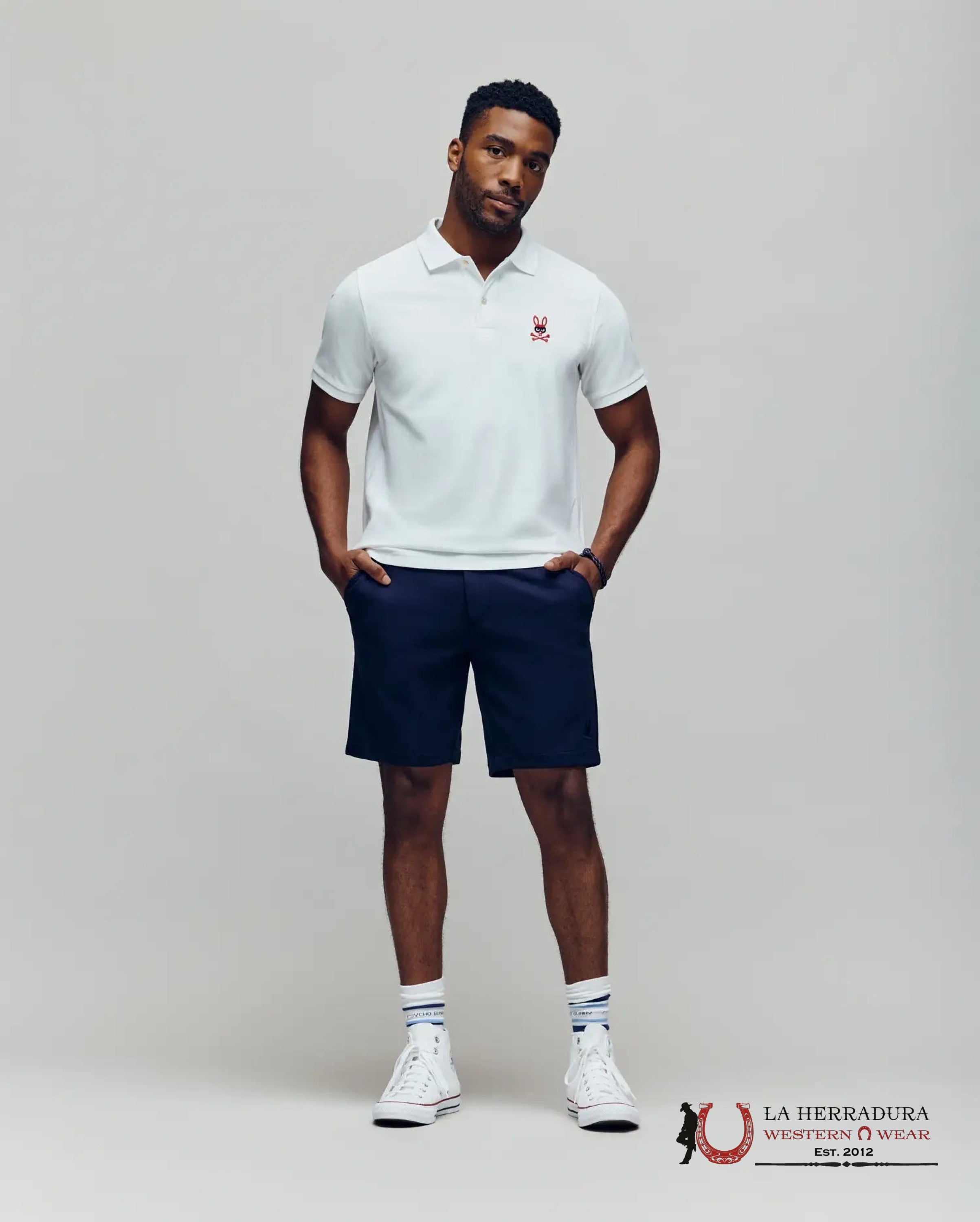 PSYCHO BUNNY MENS MISCHIEF BUNNY PIQUE POLO WHITE ROPA HOMBRES