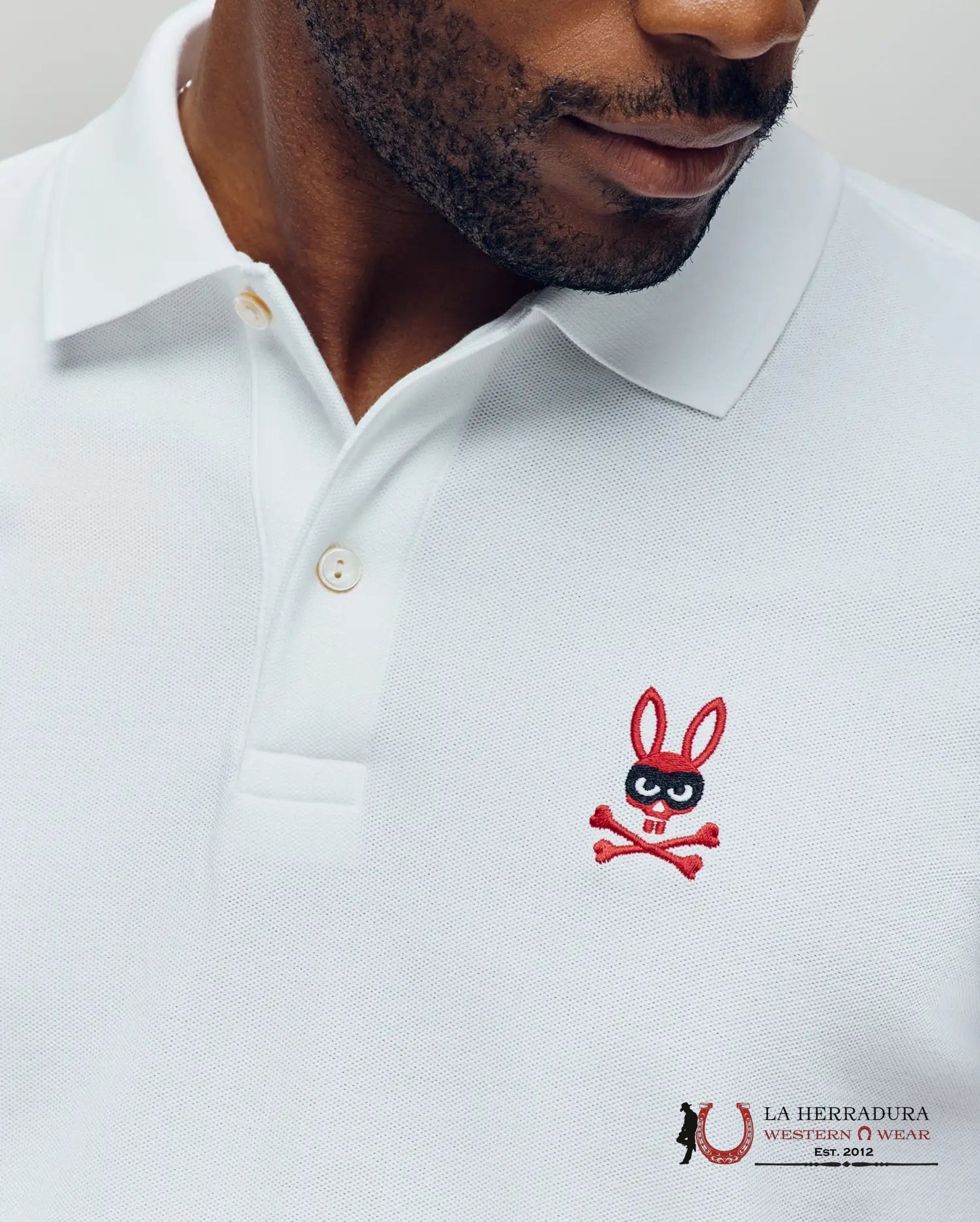 PSYCHO BUNNY MENS MISCHIEF BUNNY PIQUE POLO WHITE ROPA HOMBRES