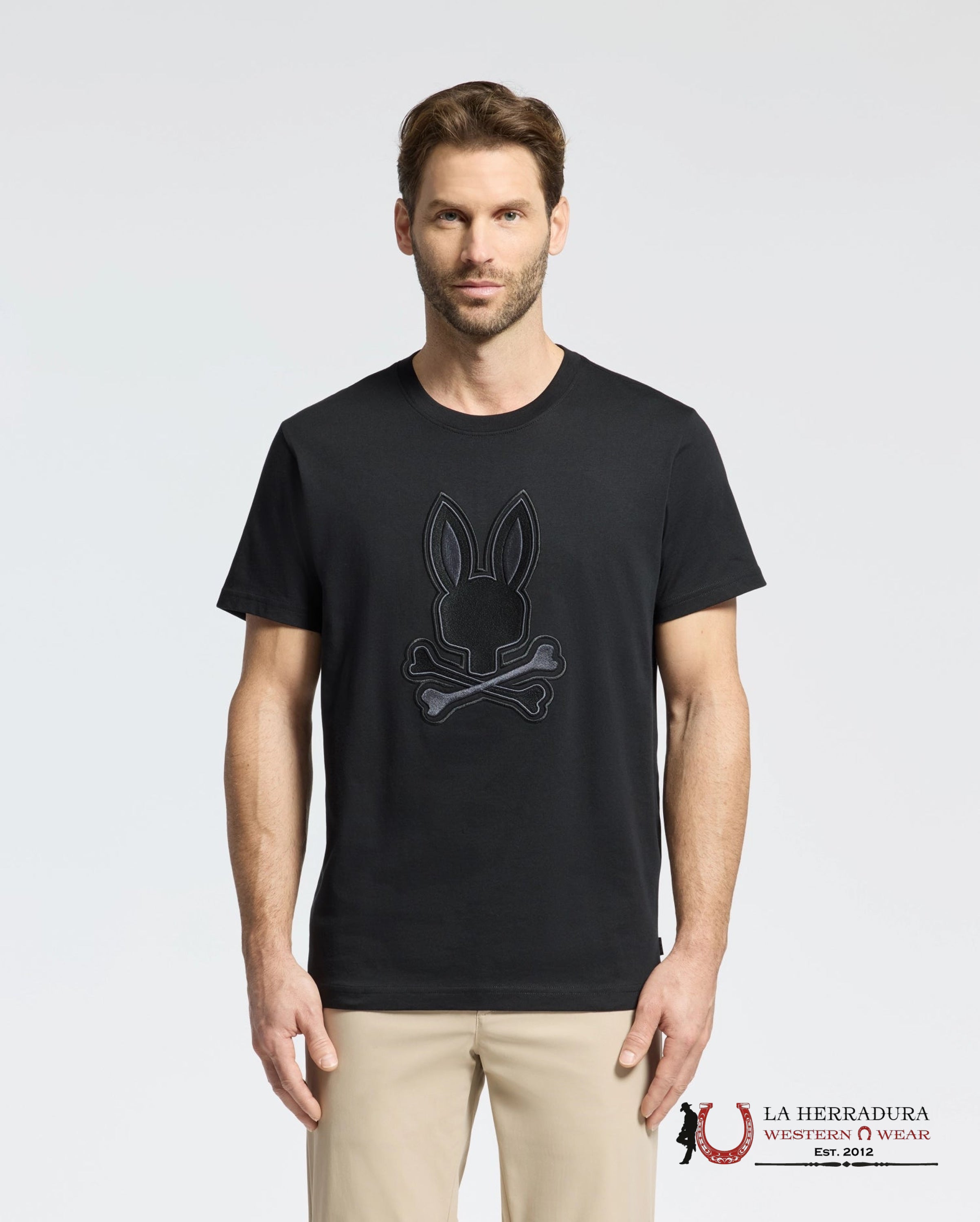 PSYCHO BUNNY NEW CASTLE EMBROIDERED GRAPHIC TEE BLACK SHIRT ROPA HOMBRES