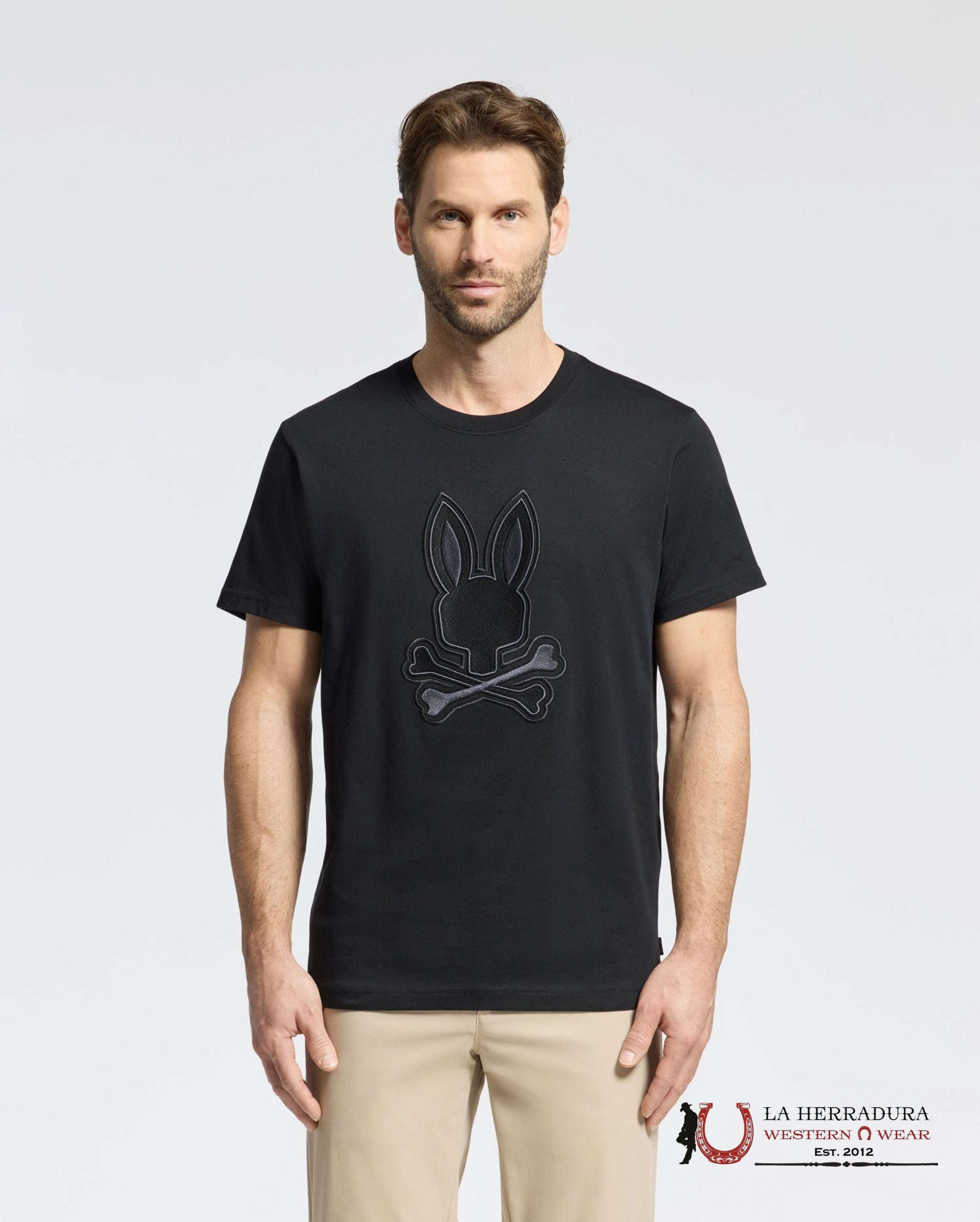 PSYCHO BUNNY NEW CASTLE EMBROIDERED GRAPHIC TEE BLACK SHIRT ROPA HOMBRES