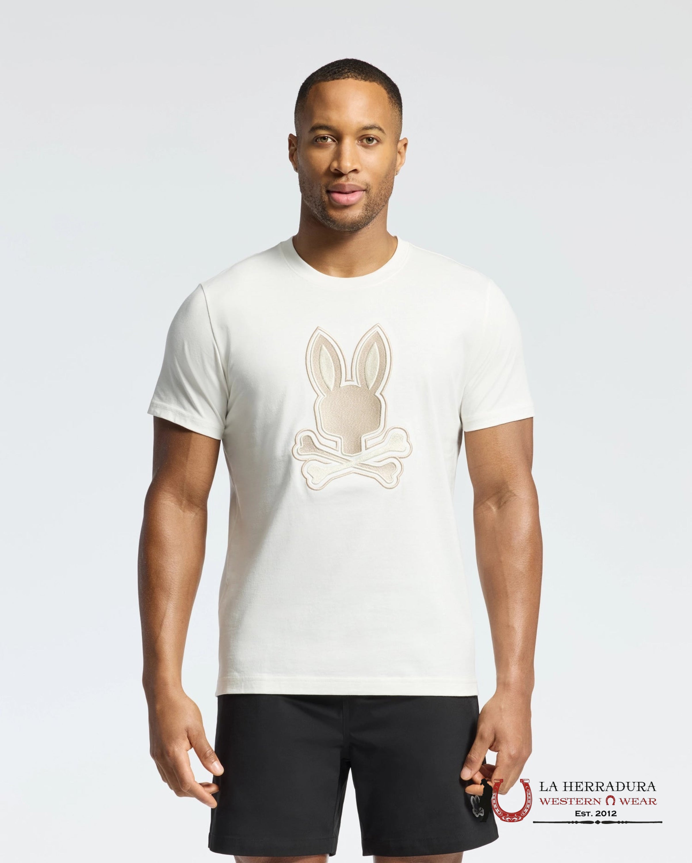 PSYCHO BUNNY NEW CASTLE EMBROIDERED GRAPHIC TEE ECRU SHIRT ROPA HOMBRES