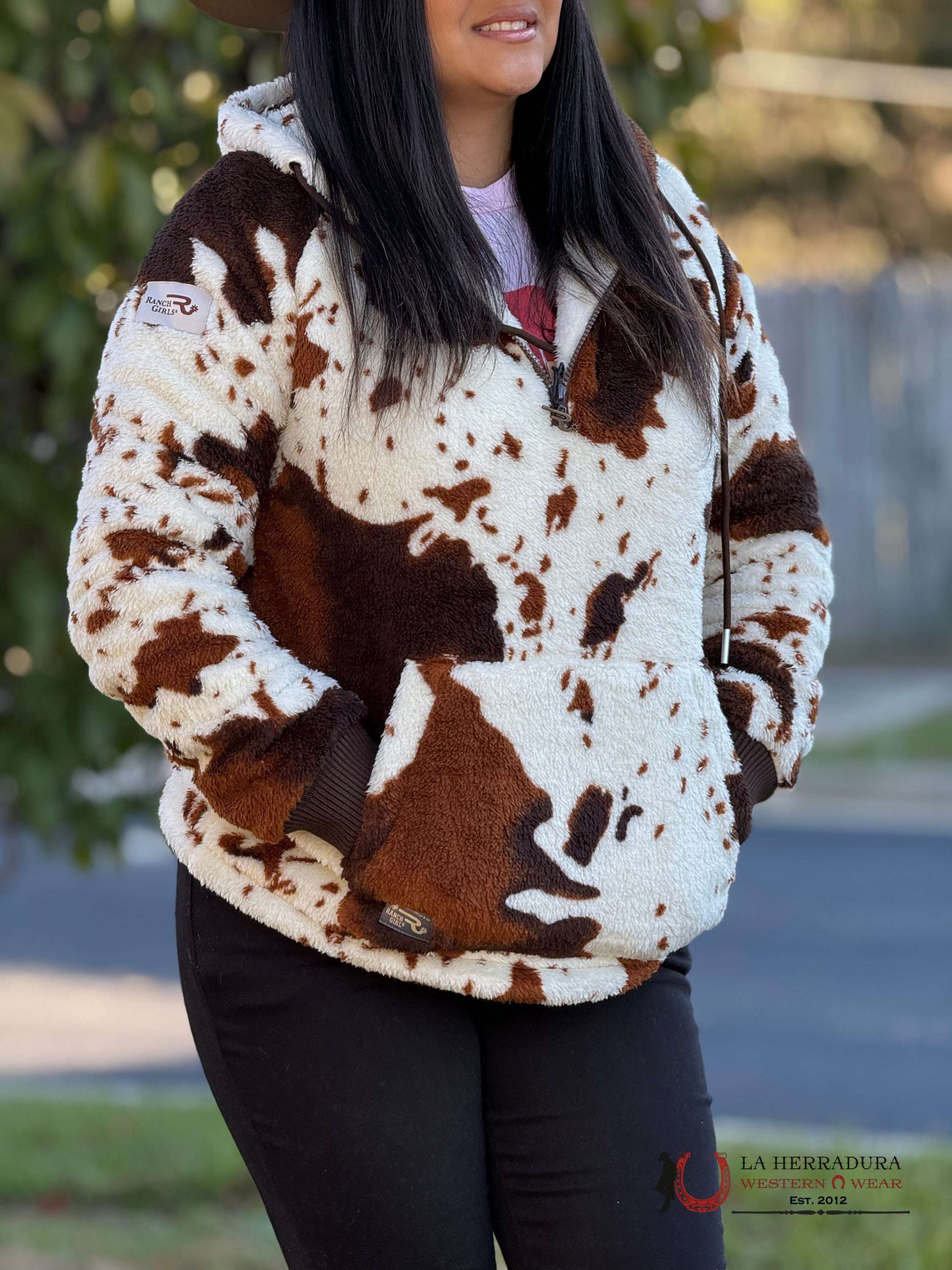 Ranch Girl Cow Pattern Half Zip Hoodie- 6631 Ropa Mujeres