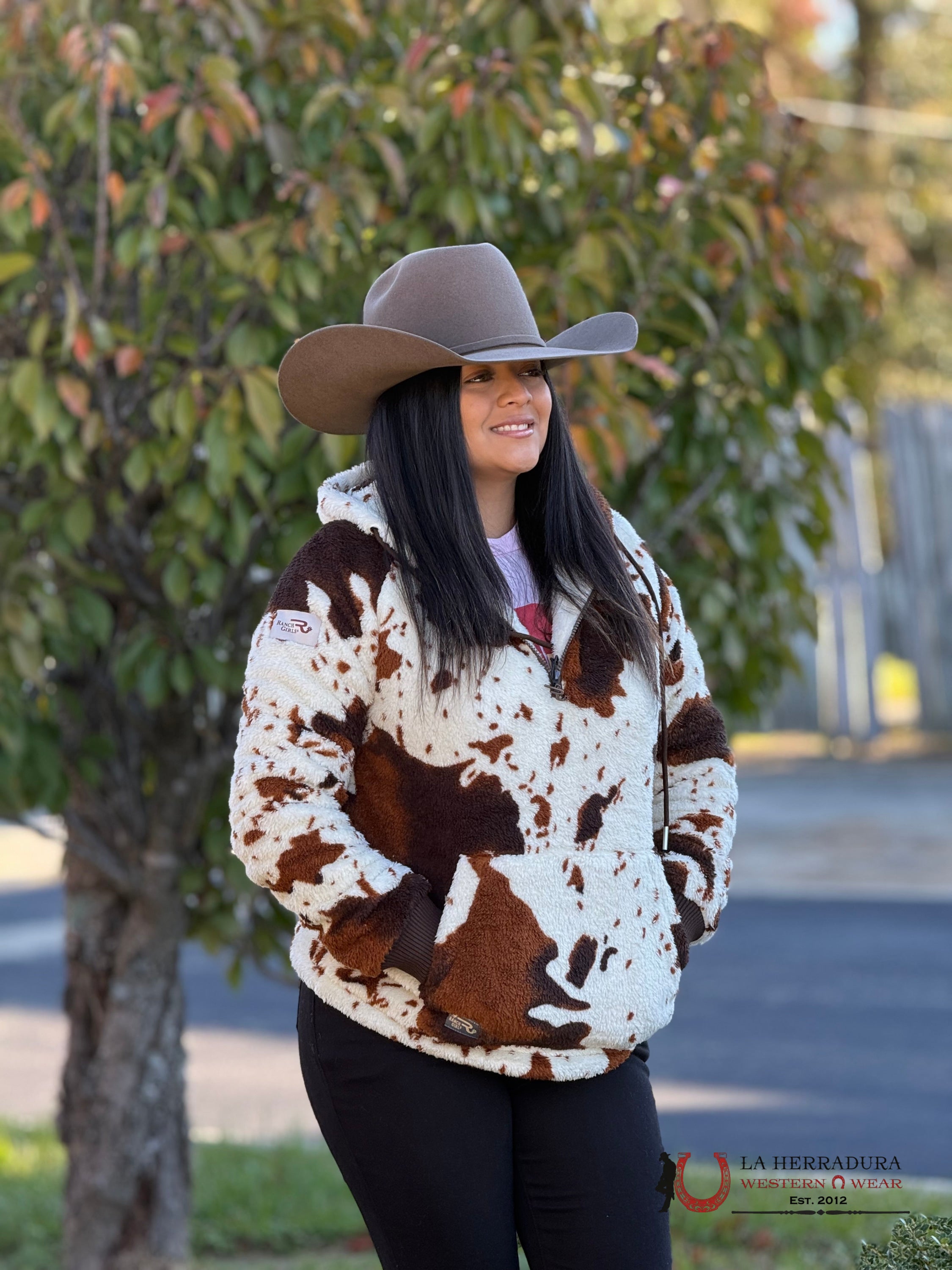 Ranch Girl Cow Pattern Half Zip Hoodie- 6631 Ropa Mujeres