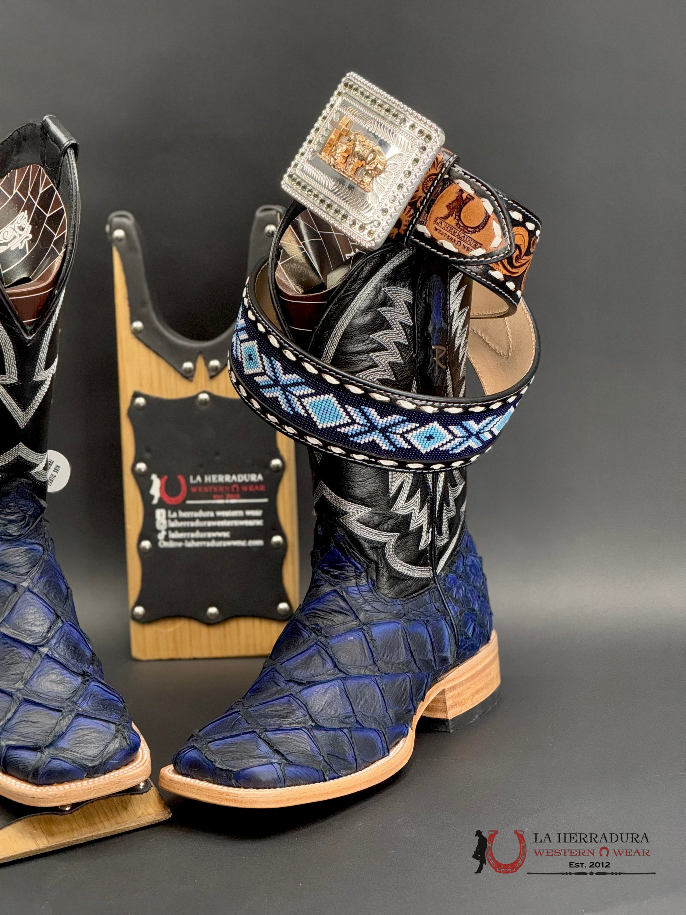 Herradura Exotic Camel Black Electric Blue Solar Fish Boots Botas Hombres