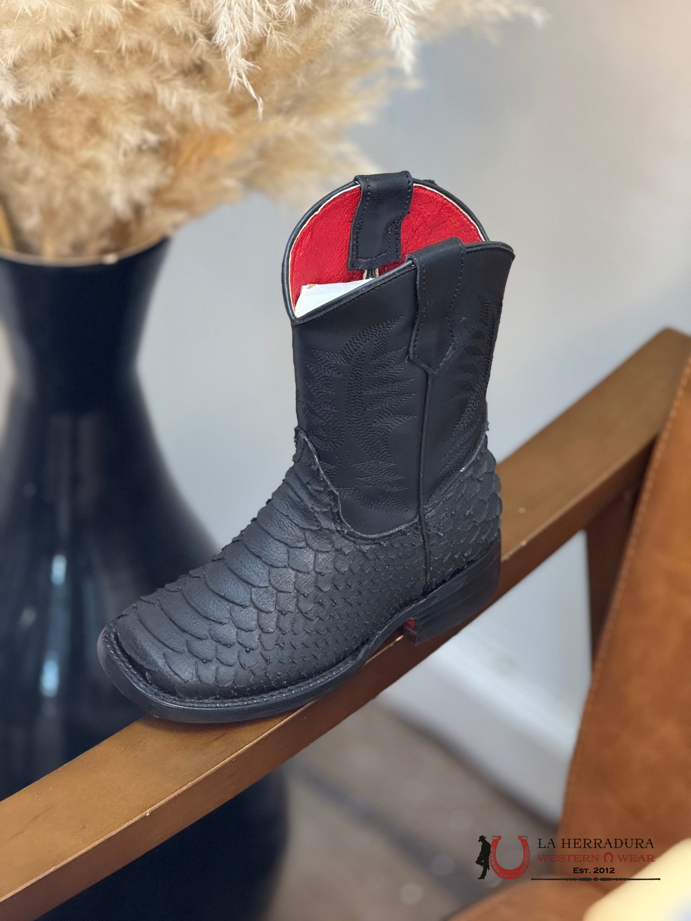 RANCHERS KIDS BOOT IMIT BLACK PYTHON RED BOTTOM NIÑOS