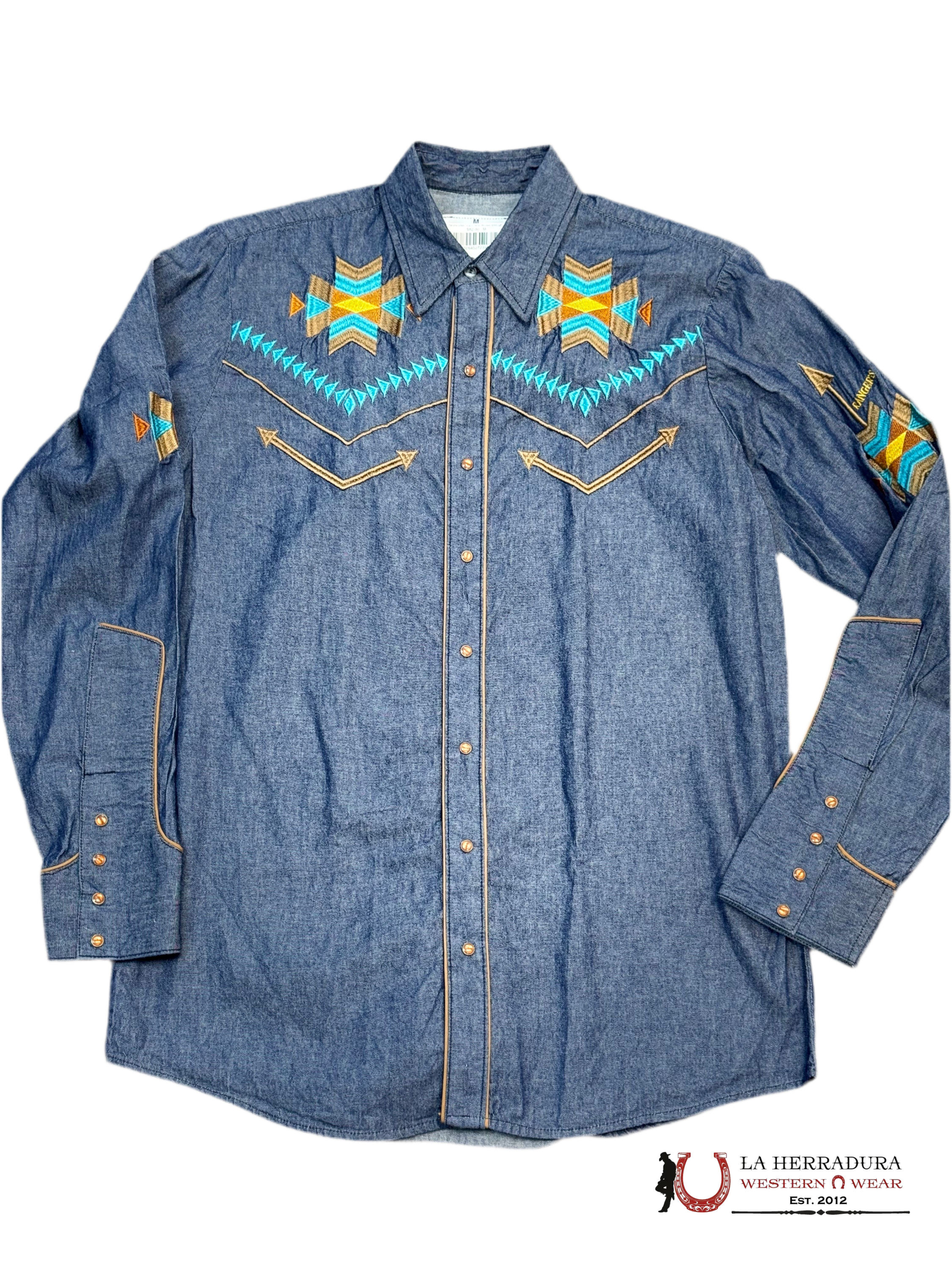 Rancher’s Men charro Denim Bordado Shirt Light Blue/Marron Long Sleeve 158CA01 ROPA HOMBRES