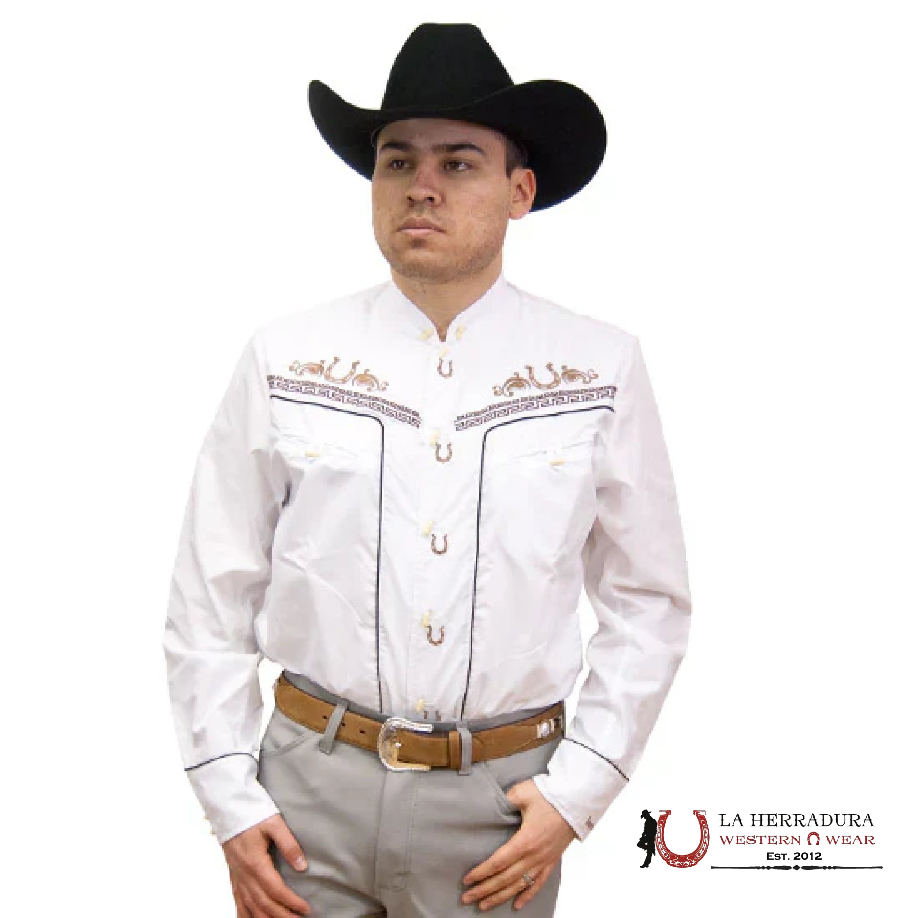 Rancher’s Men charro White Bordado Shirt Light Brown Long Sleeve 030CA01 ROPA HOMBRES