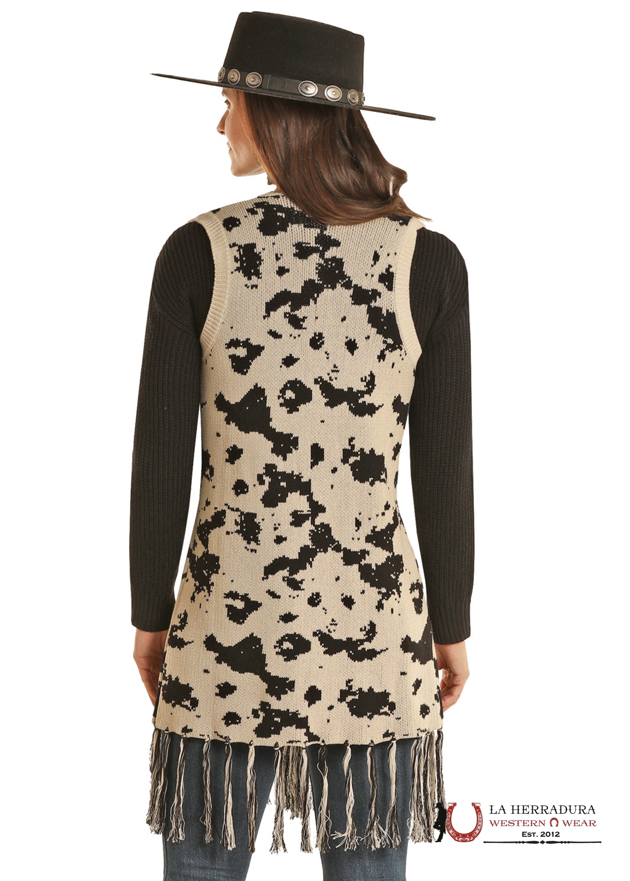 ROCK AND ROLL COW PRINT SWEATER VEST WITH FRINGE DW38C01967 ROPA MUJERES