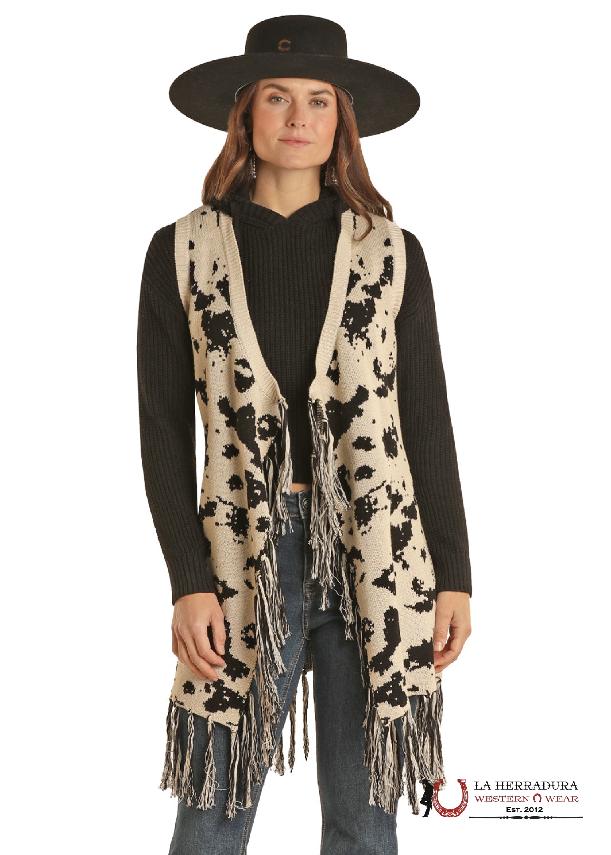 ROCK AND ROLL COW PRINT SWEATER VEST WITH FRINGE DW38C01967 ROPA MUJERES