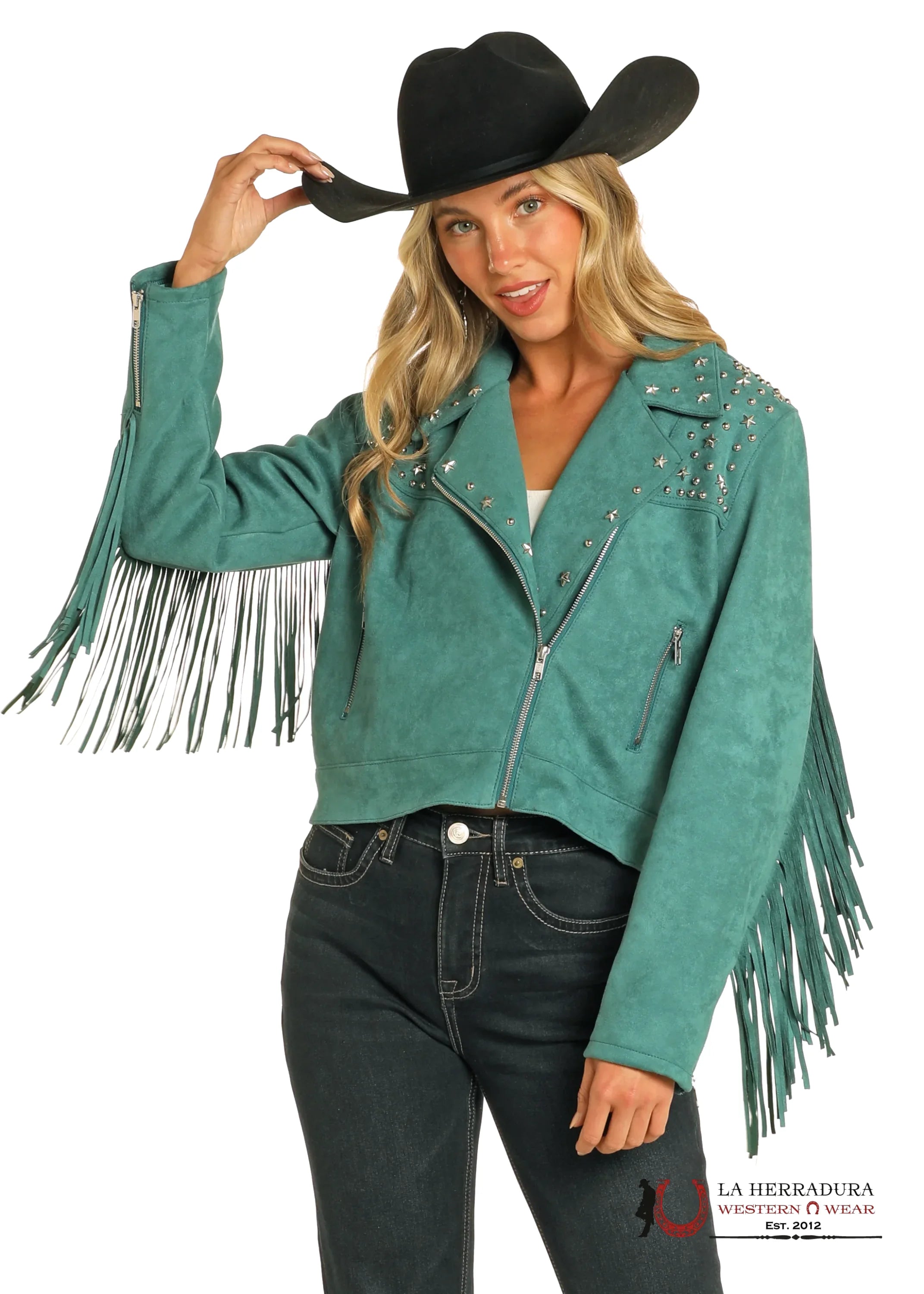 Rock&Roll Womens Suede Fringe Moto Jacket Green Ropa Mujeres
