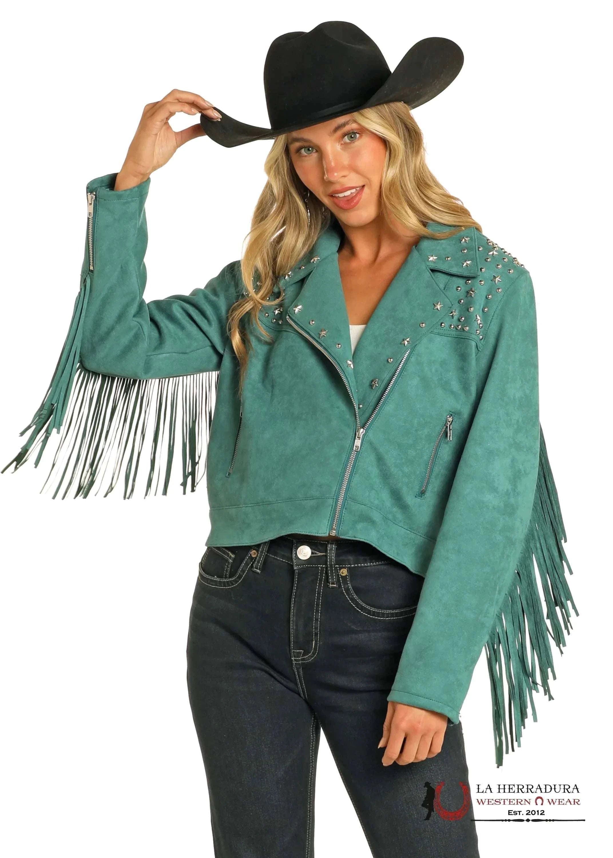Rock&Roll Womens Suede Fringe Moto Jacket Green Ropa Mujeres