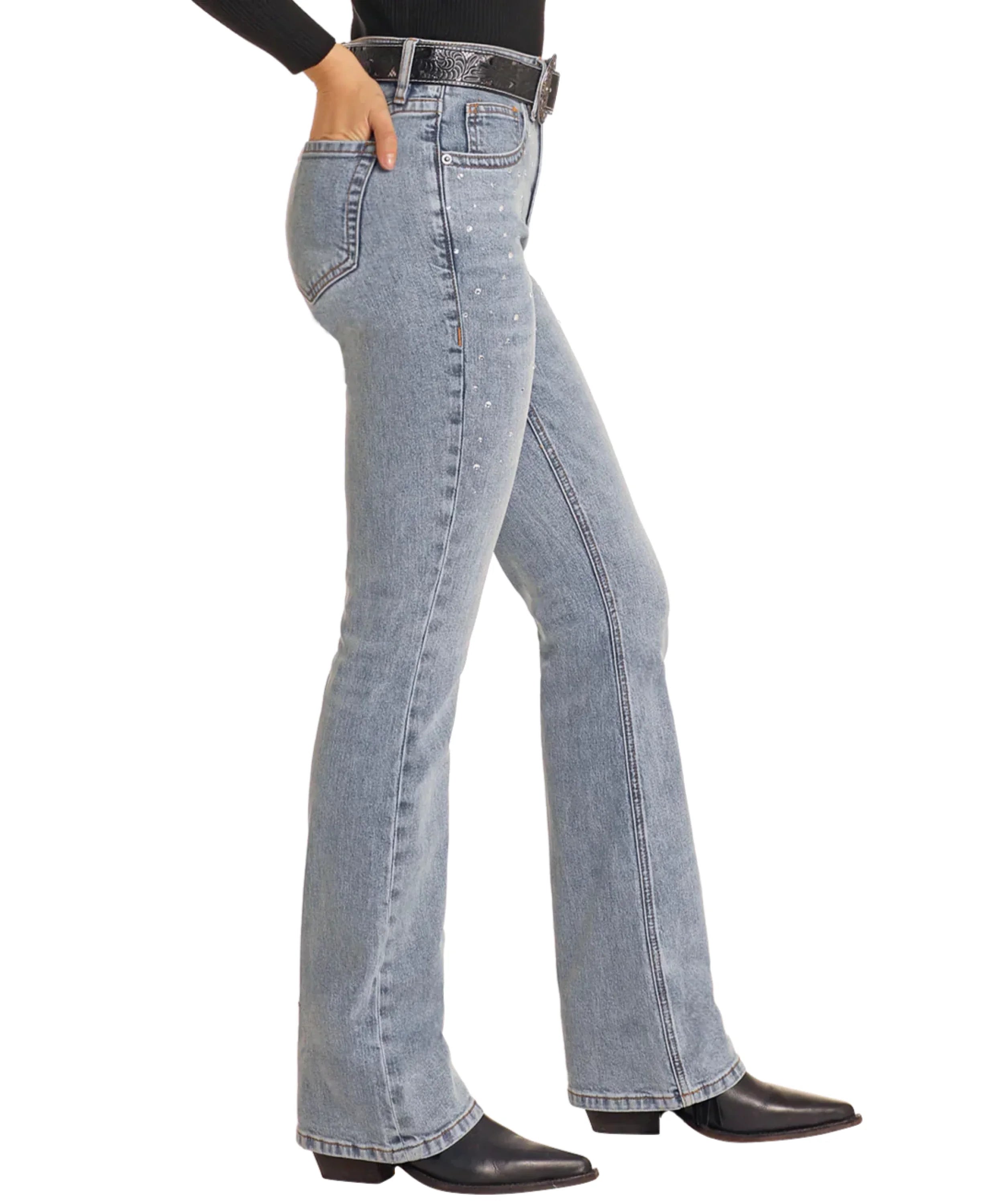 ROCK AND ROLL HIGH RISE BOOTCUT JEAN LIGHT WASH WITH RHINESTONE -5322 ROCK&ROLL JEANS WOMEN