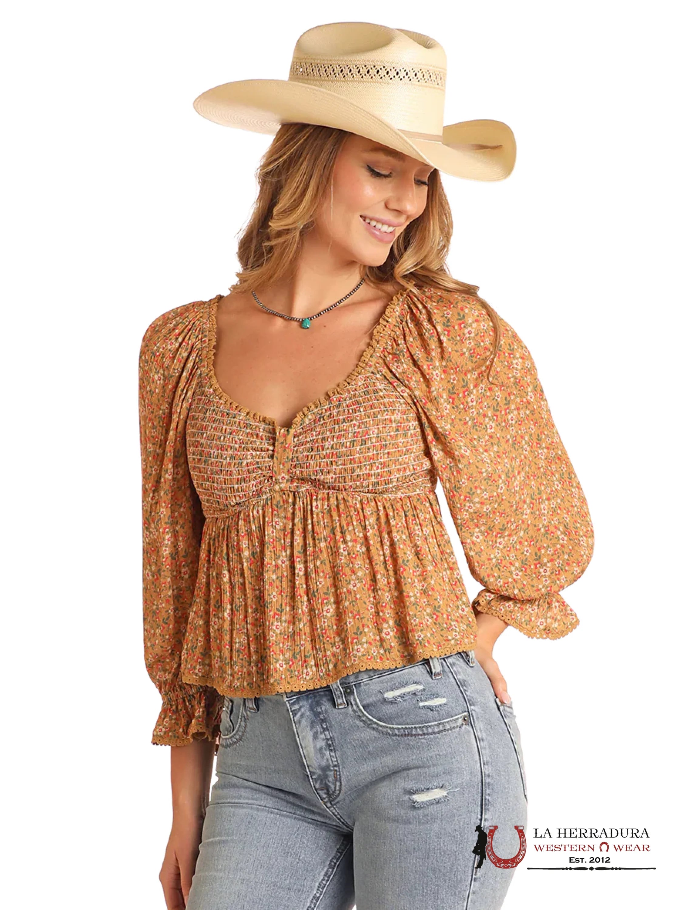 Rock And Roll Hunter Mustard Scooped Neckline Floral Top BW52T05920 ROPA MUJERES