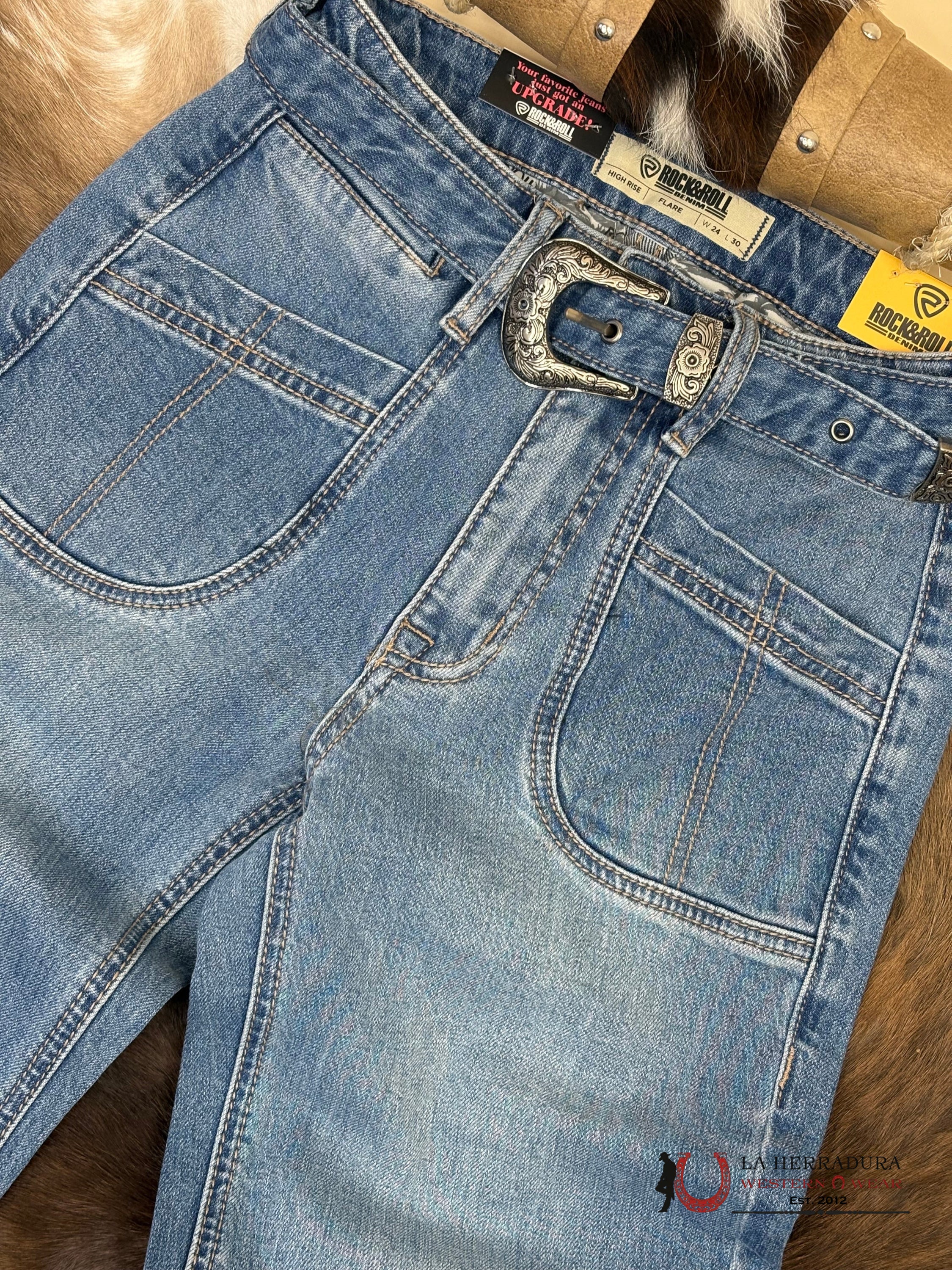 ROCK AND ROLL Medium Vintage Belted Relaxed Flare Jeans Wonens - 6063 ROCK&ROLL JEANS WOMEN