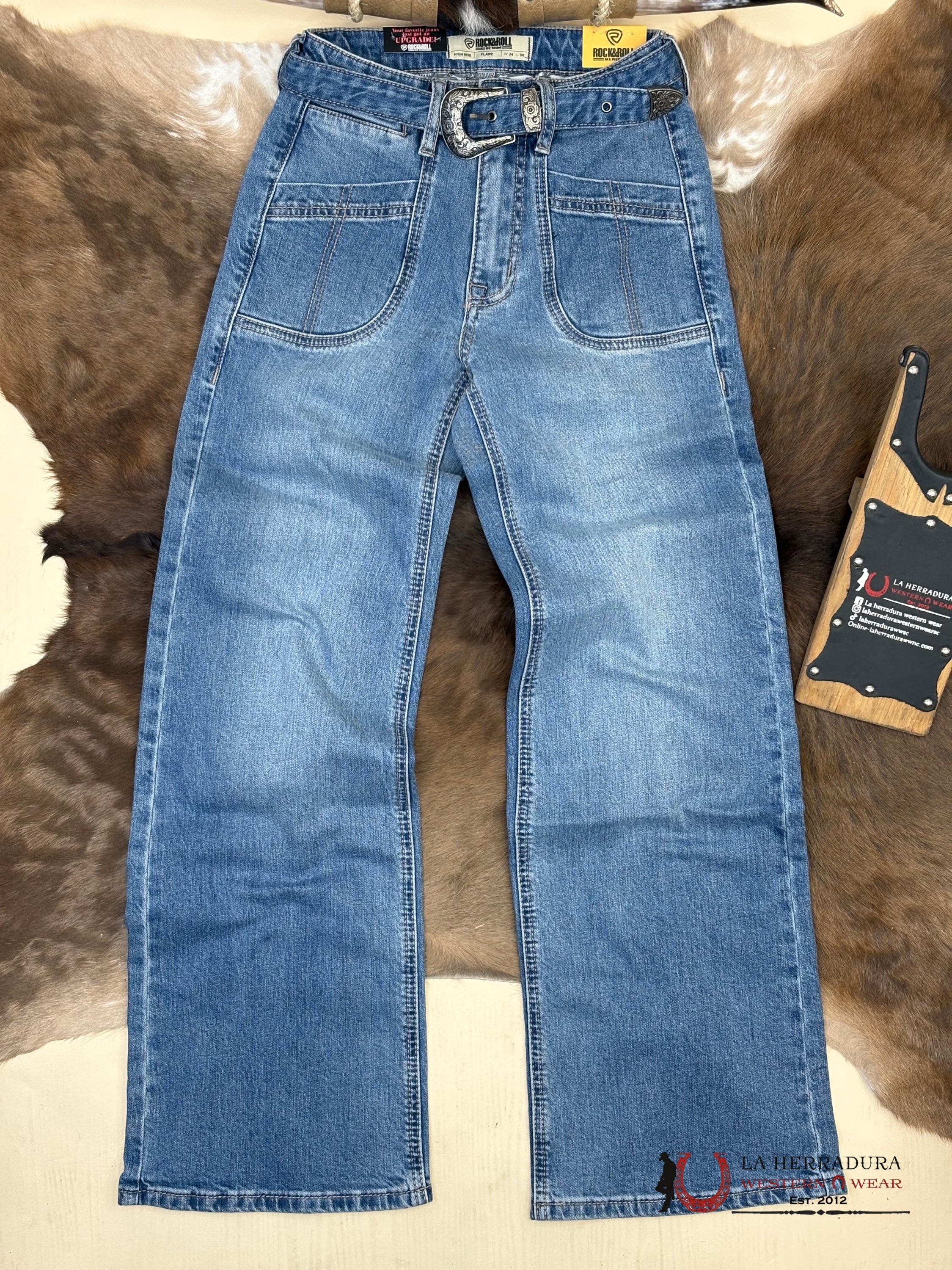 ROCK AND ROLL Medium Vintage Belted Relaxed Flare Jeans Wonens - 6063 ROCK&ROLL JEANS WOMEN