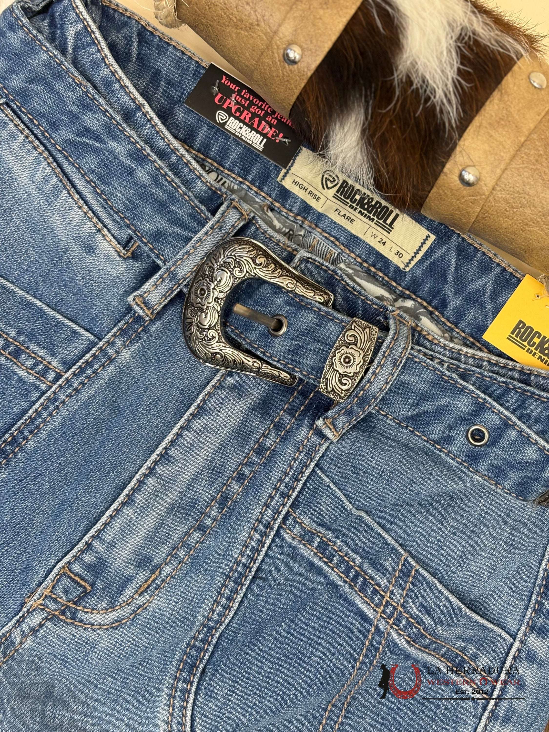 ROCK AND ROLL Medium Vintage Belted Relaxed Flare Jeans Wonens - 6063 ROCK&ROLL JEANS WOMEN