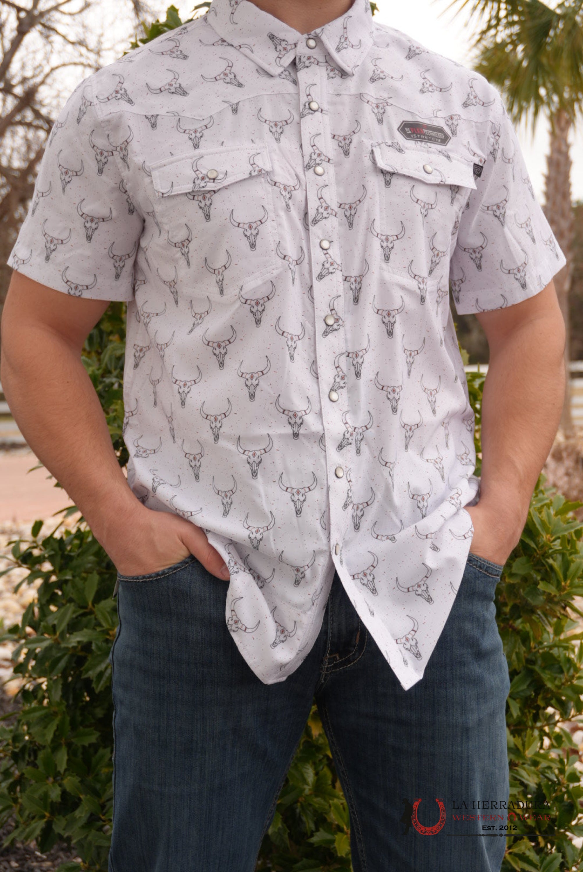 ROCK AND ROLL WHITE TEK LONGHORN PRINT SHORT SLEEVE - 5958 ROPA HOMBRES