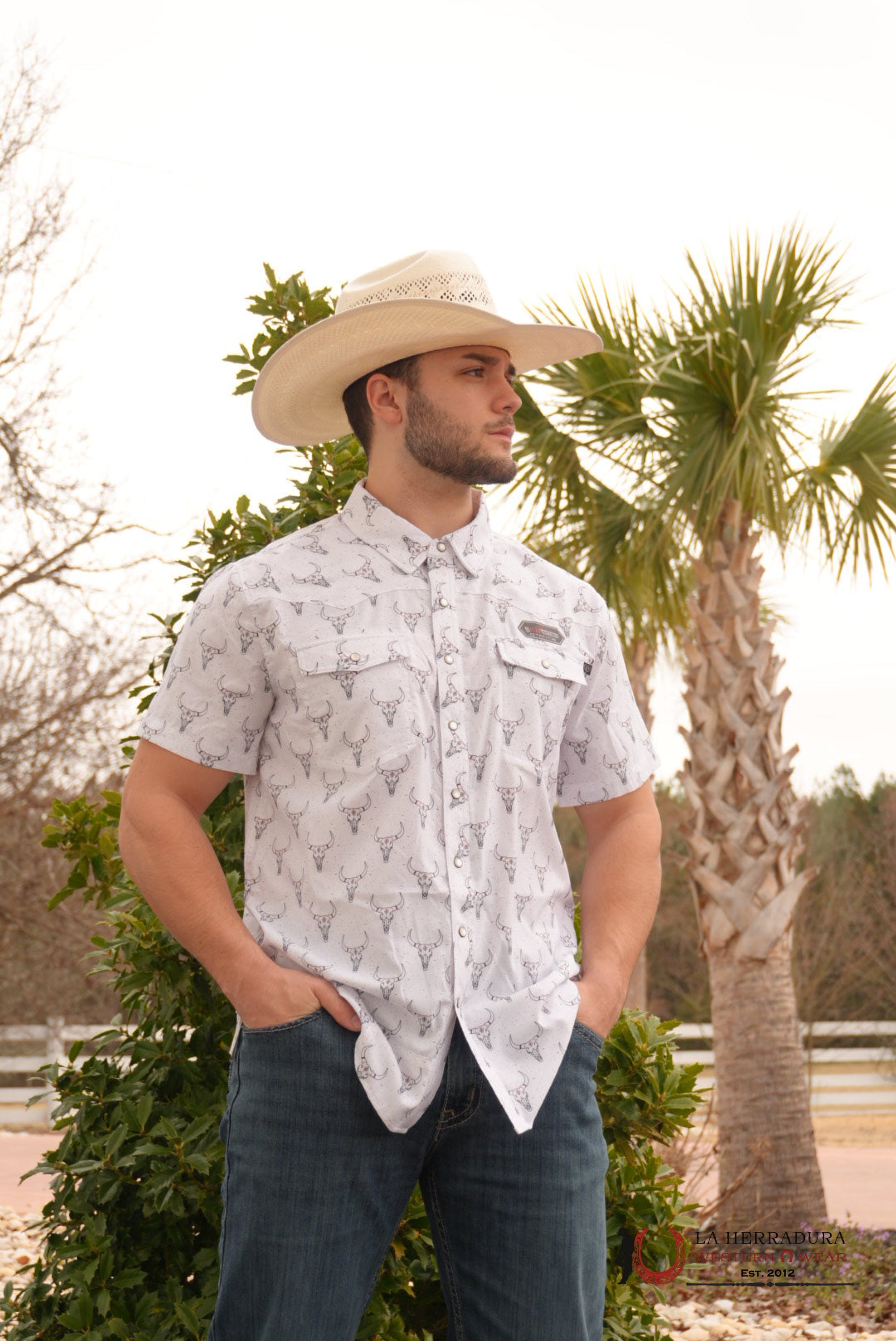 ROCK AND ROLL WHITE TEK LONGHORN PRINT SHORT SLEEVE - 5958 ROPA HOMBRES