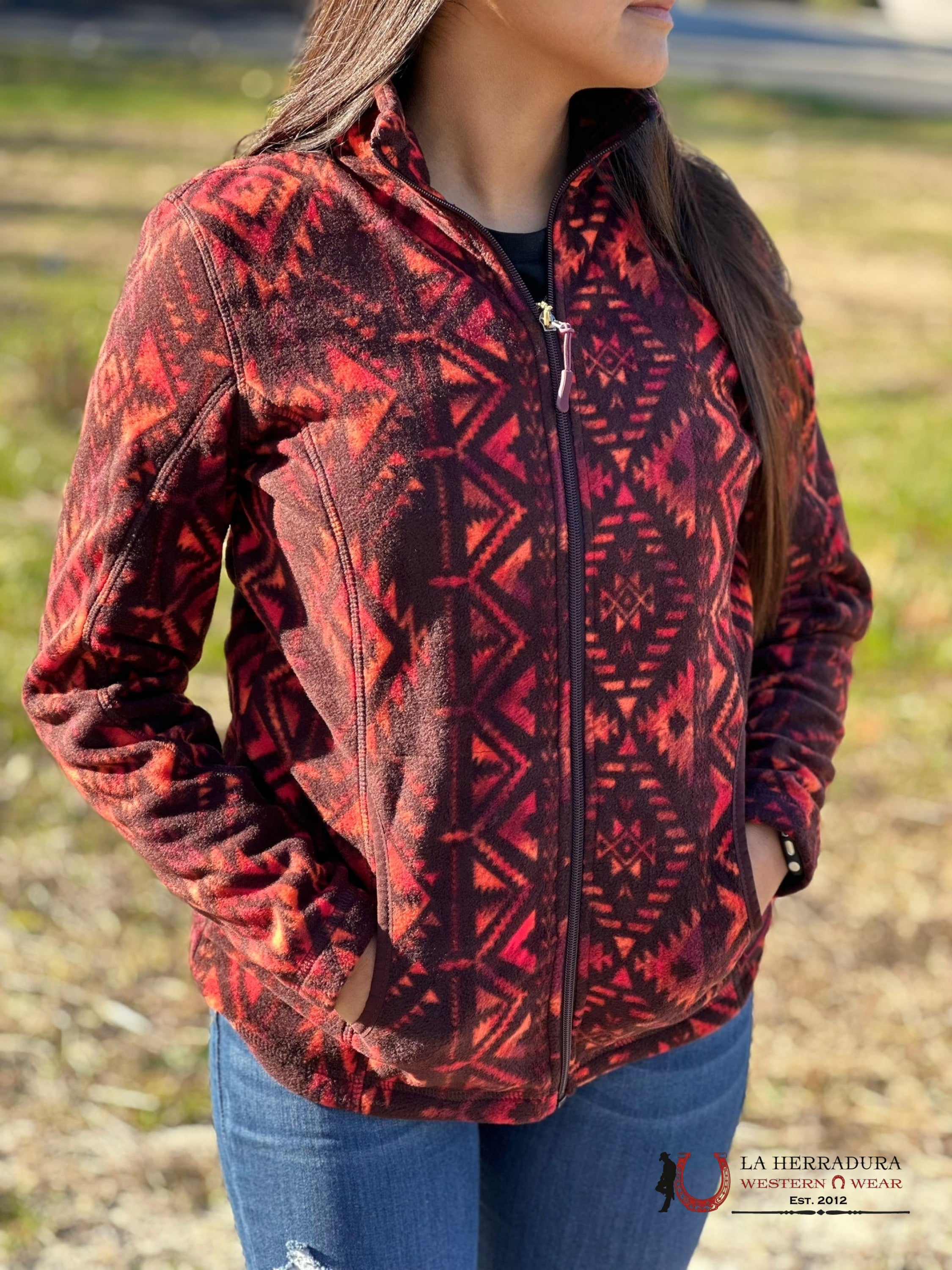 Rock&Roll Womens Panhandle Maroon Aztec Print Full Zip Ropa Mujeres