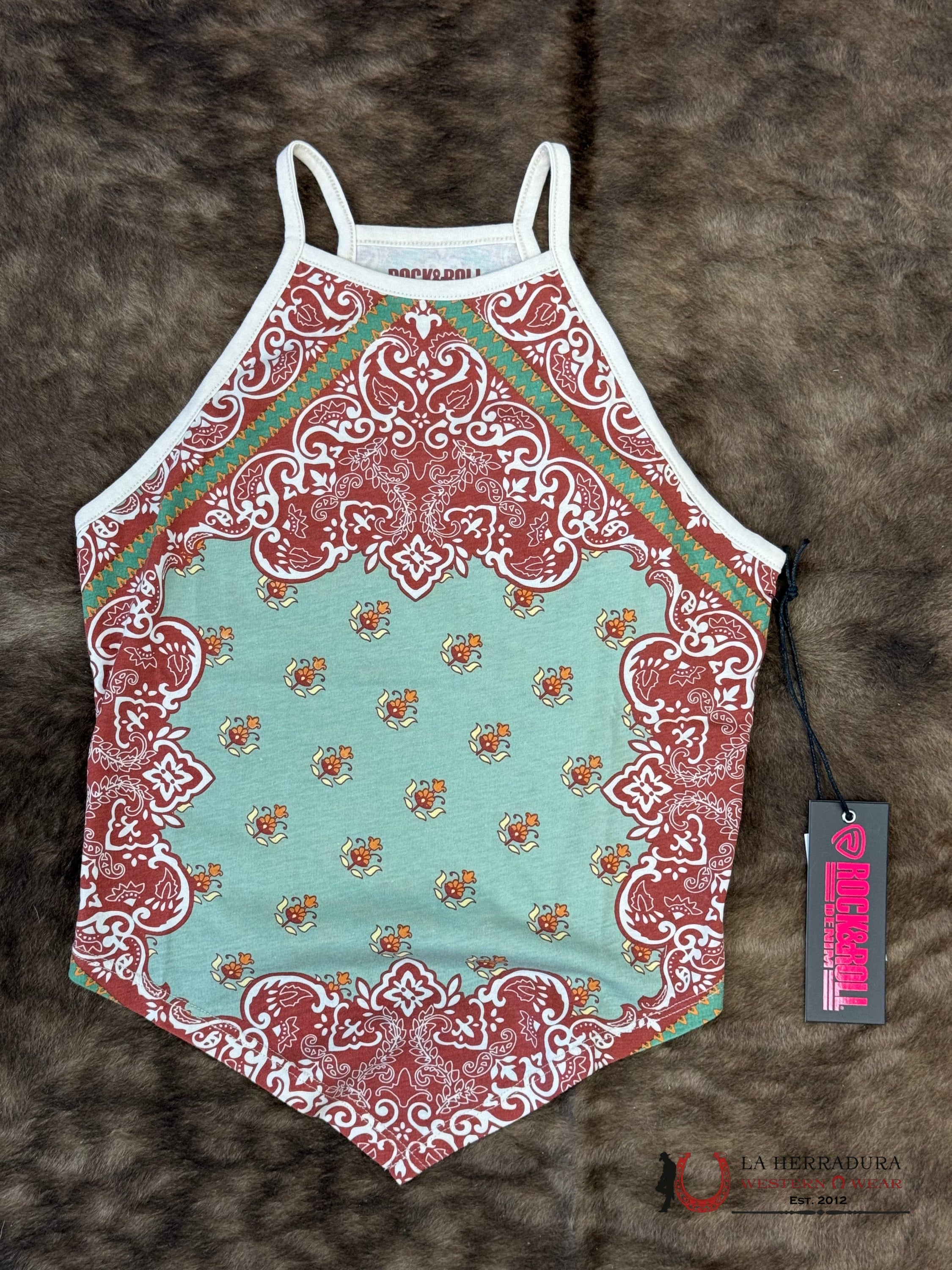 Rock&Roll Aqua Scarf Print Tank Top Shirt - 6288 ROPA MUJERES