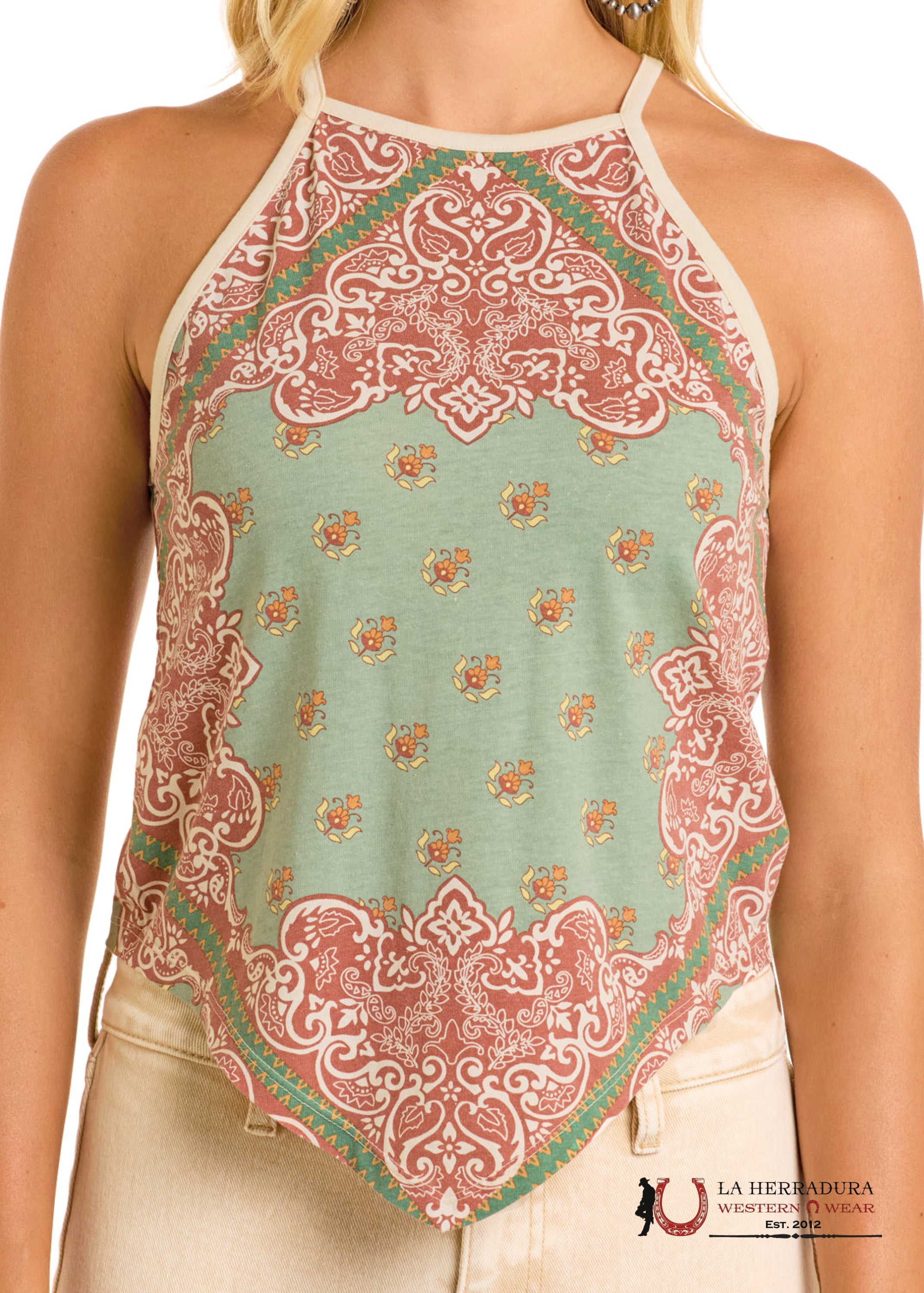 Rock&Roll Aqua Scarf Print Tank Top Shirt - 6288 ROPA MUJERES