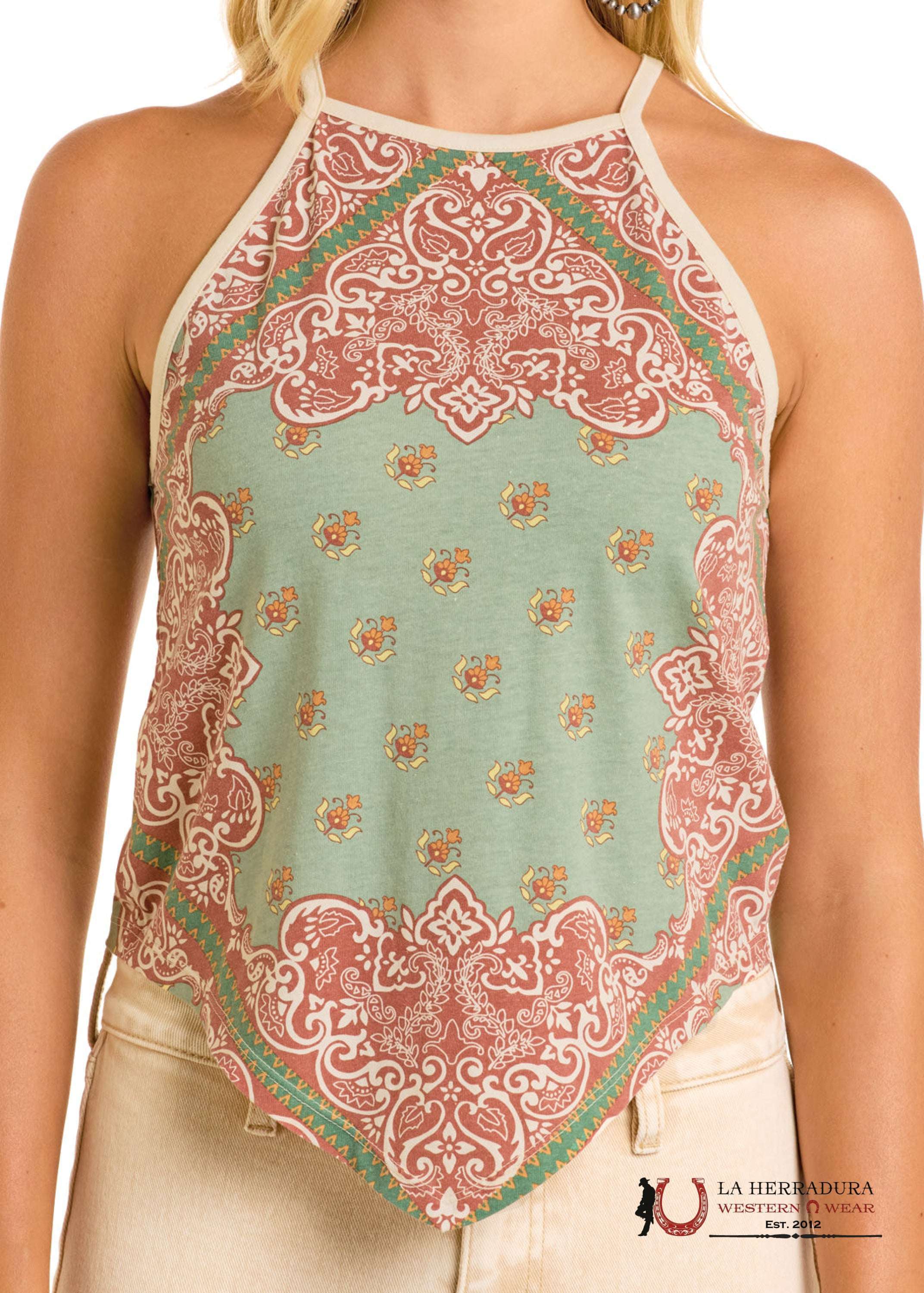 Rock&Roll Aqua Scarf Print Tank Top Shirt - 6288 ROPA MUJERES