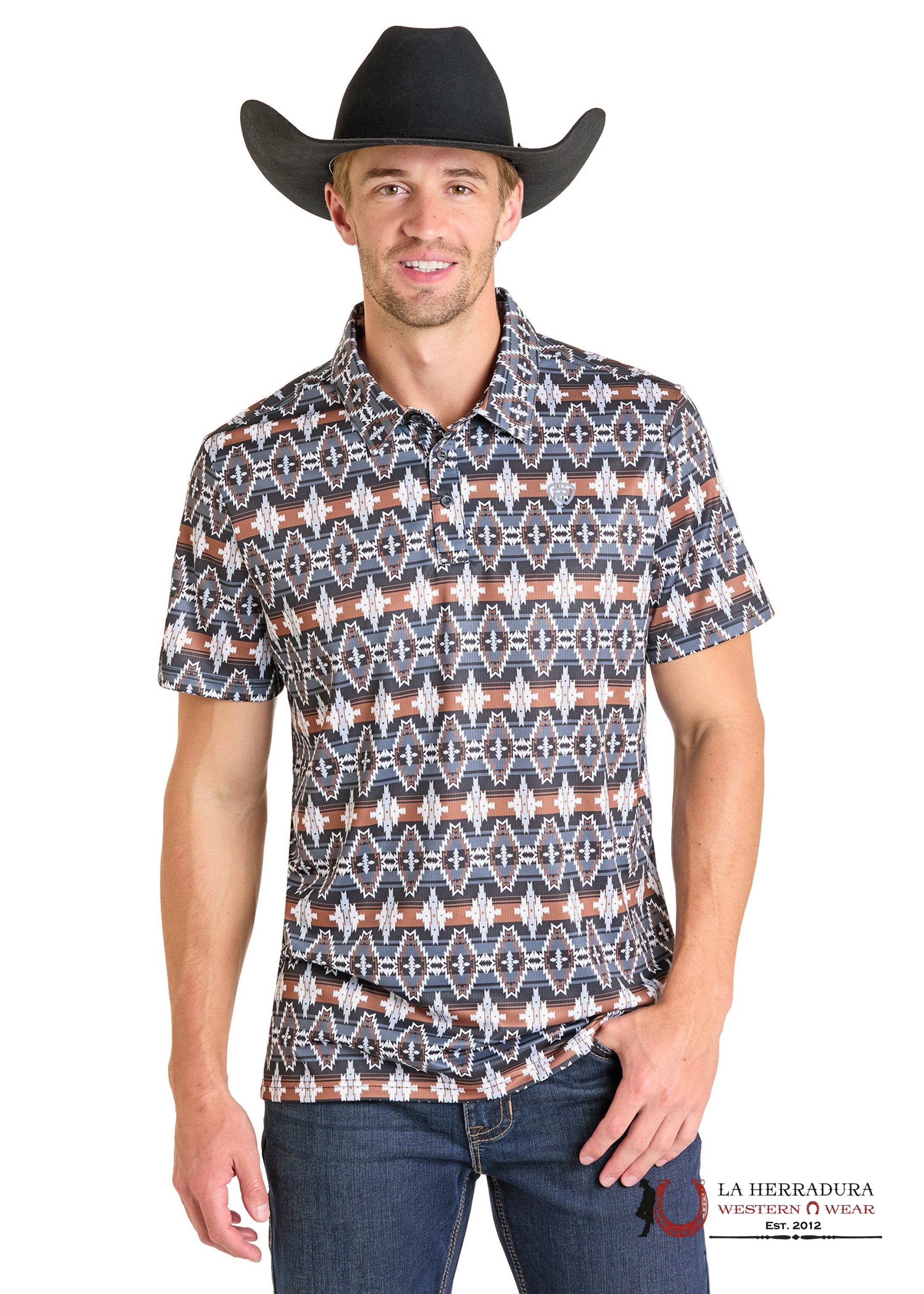 ROCK&ROLL AZTEC POLO SHIRT BLACK BROWN WHITE AZTEC PRINT POLO BM51T07272 ROPA HOMBRES