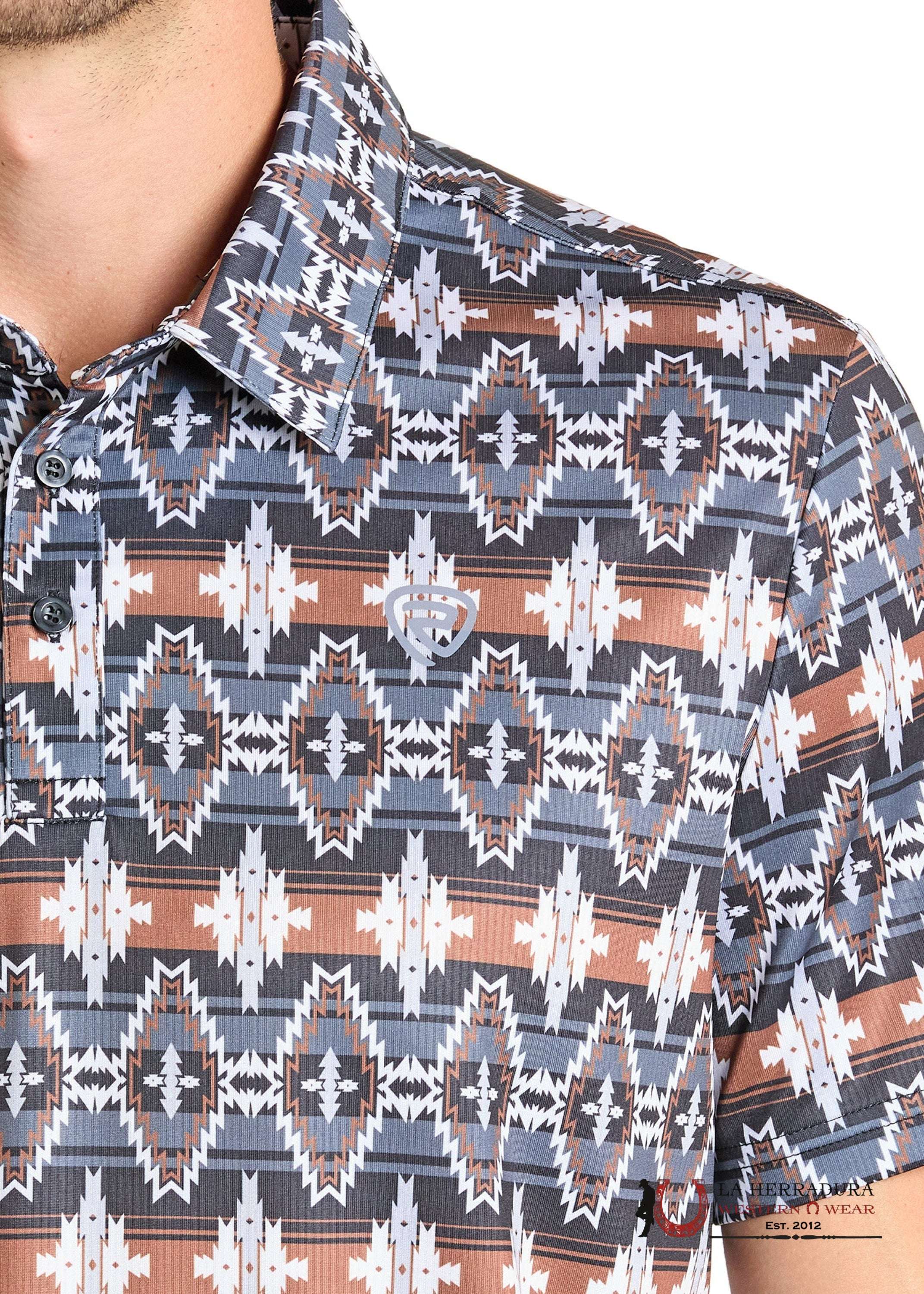 ROCK&ROLL AZTEC POLO SHIRT BLACK BROWN WHITE AZTEC PRINT POLO BM51T07272 ROPA HOMBRES