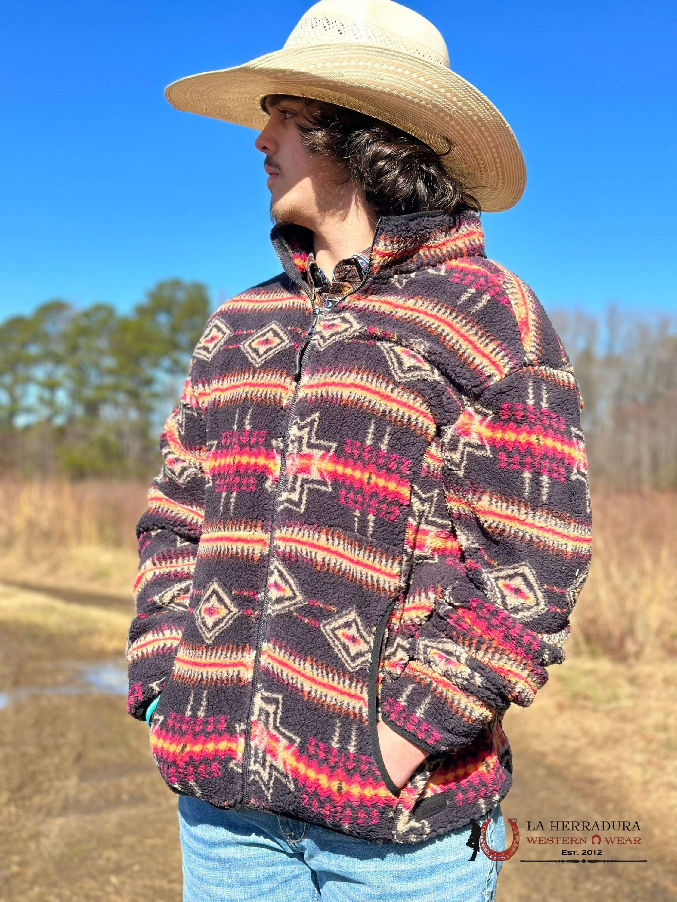 Rock & Roll Aztec Printed Berber Jacket Black W/Fuchsia Ropa Hombres