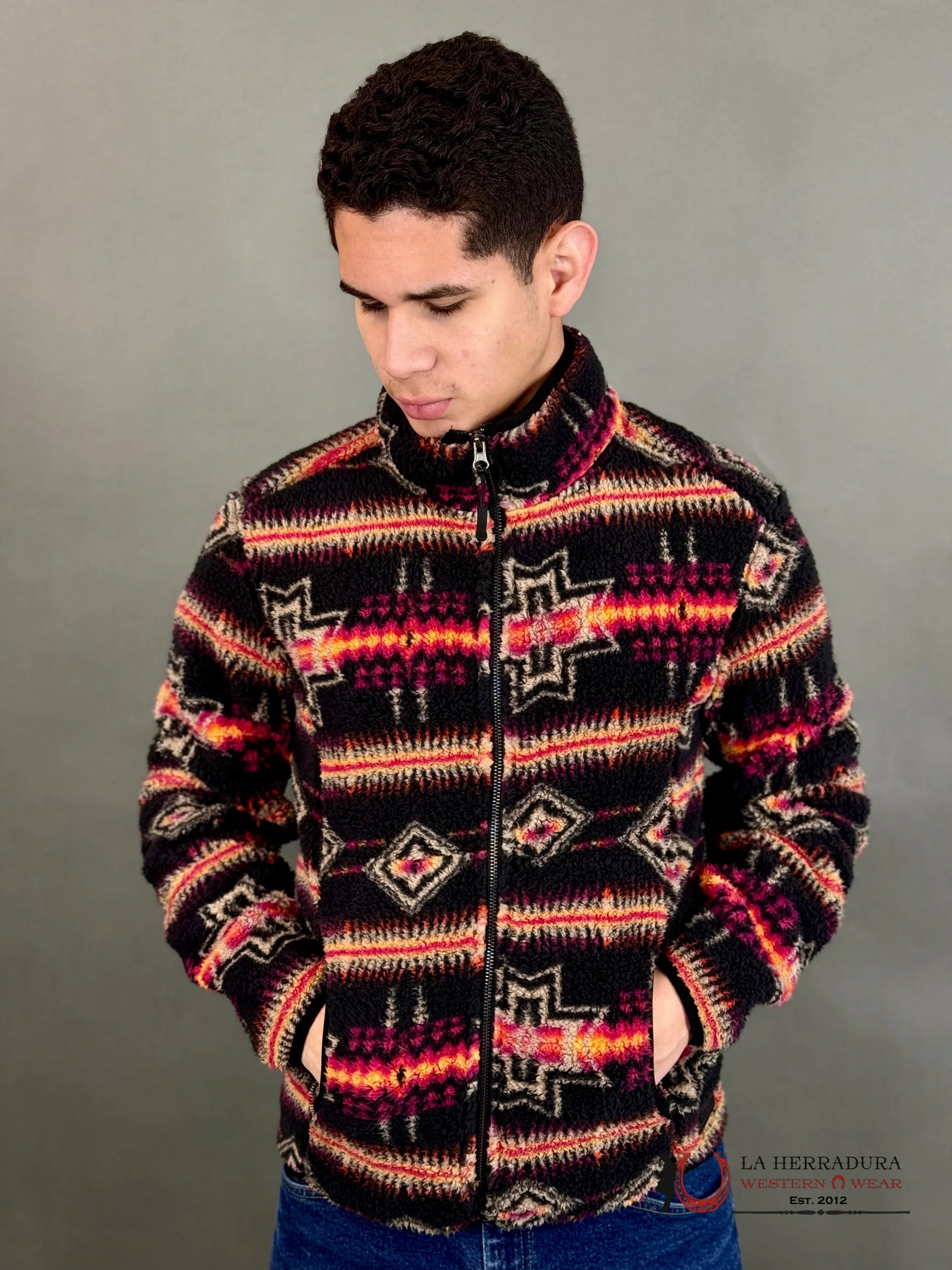 Rock & Roll Aztec Printed Berber Jacket Black W/Fuchsia Ropa Hombres