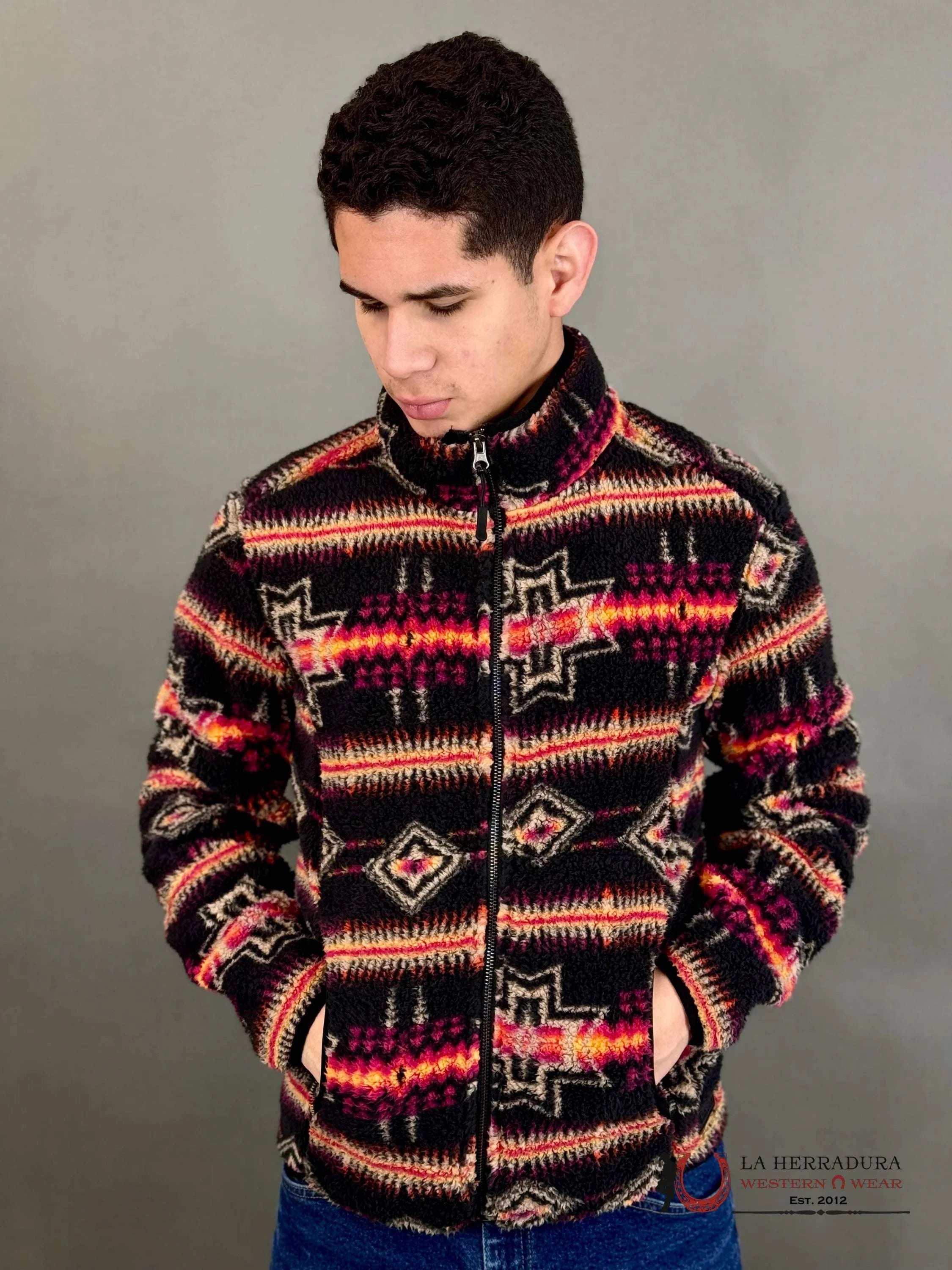 Rock & Roll Aztec Printed Berber Jacket Black W/Fuchsia Ropa Hombres