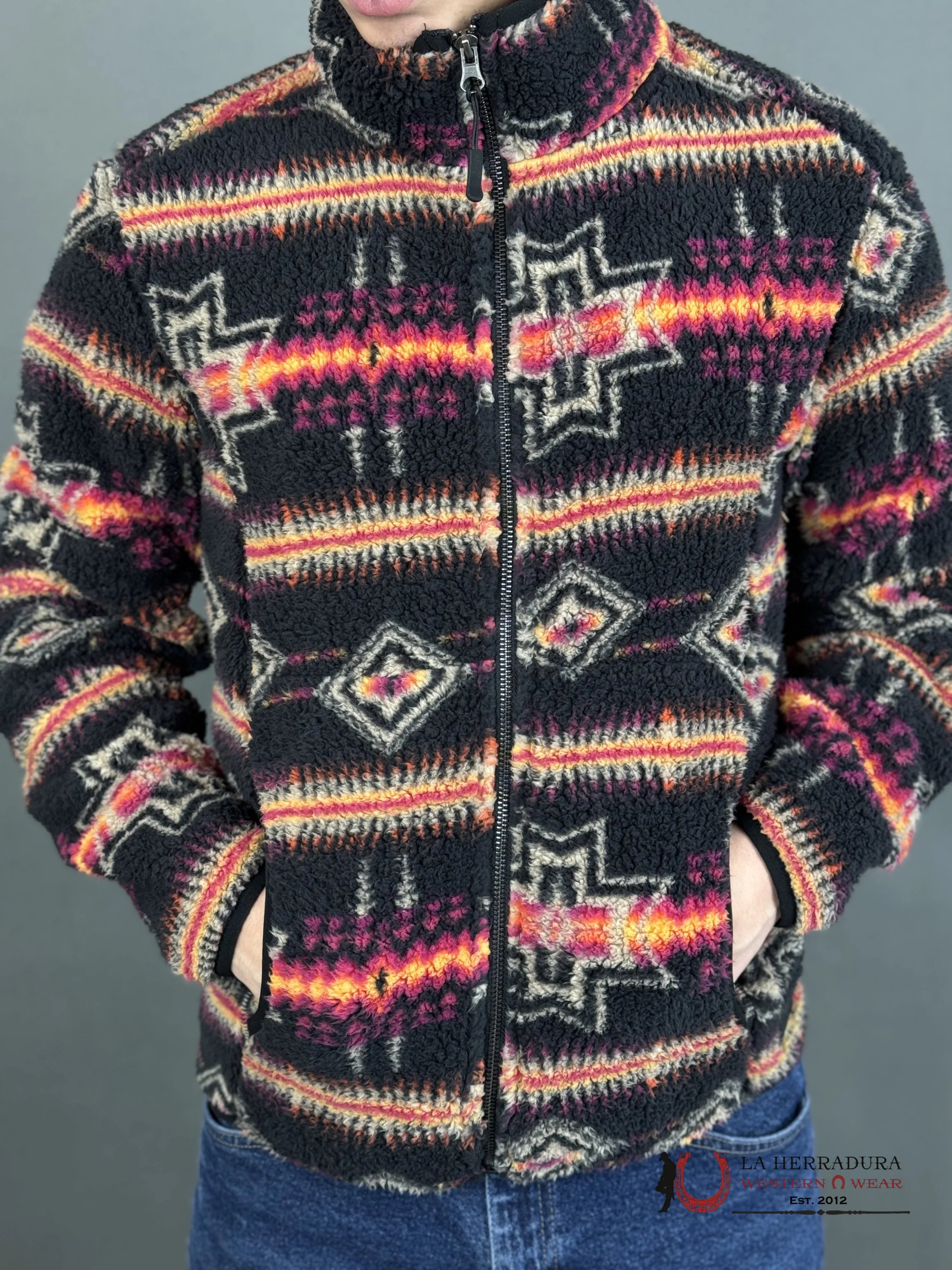 Rock & Roll Aztec Printed Berber Jacket Black W/Fuchsia Ropa Hombres