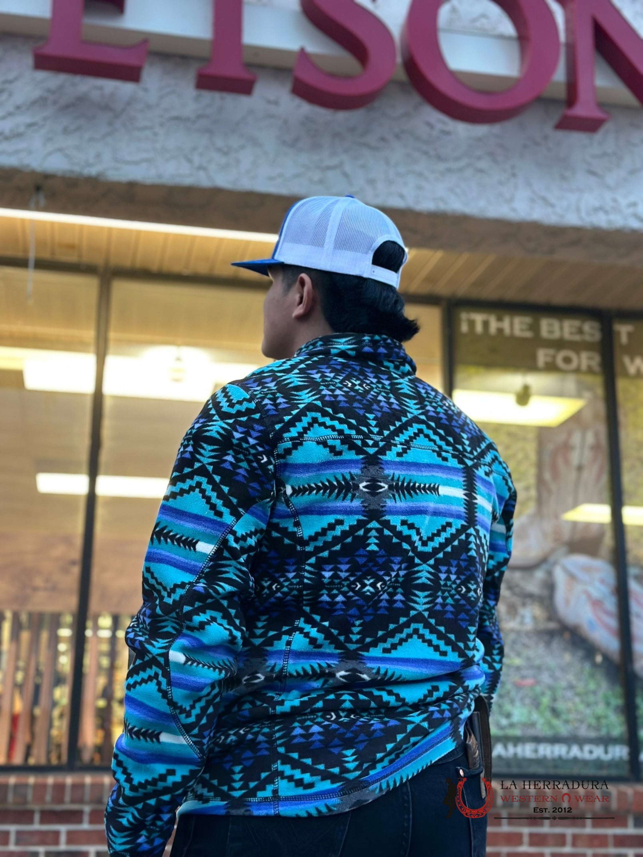 Rock & Roll Aztec Printed Pullover Jacket Black W/Blue Ropa Hombres