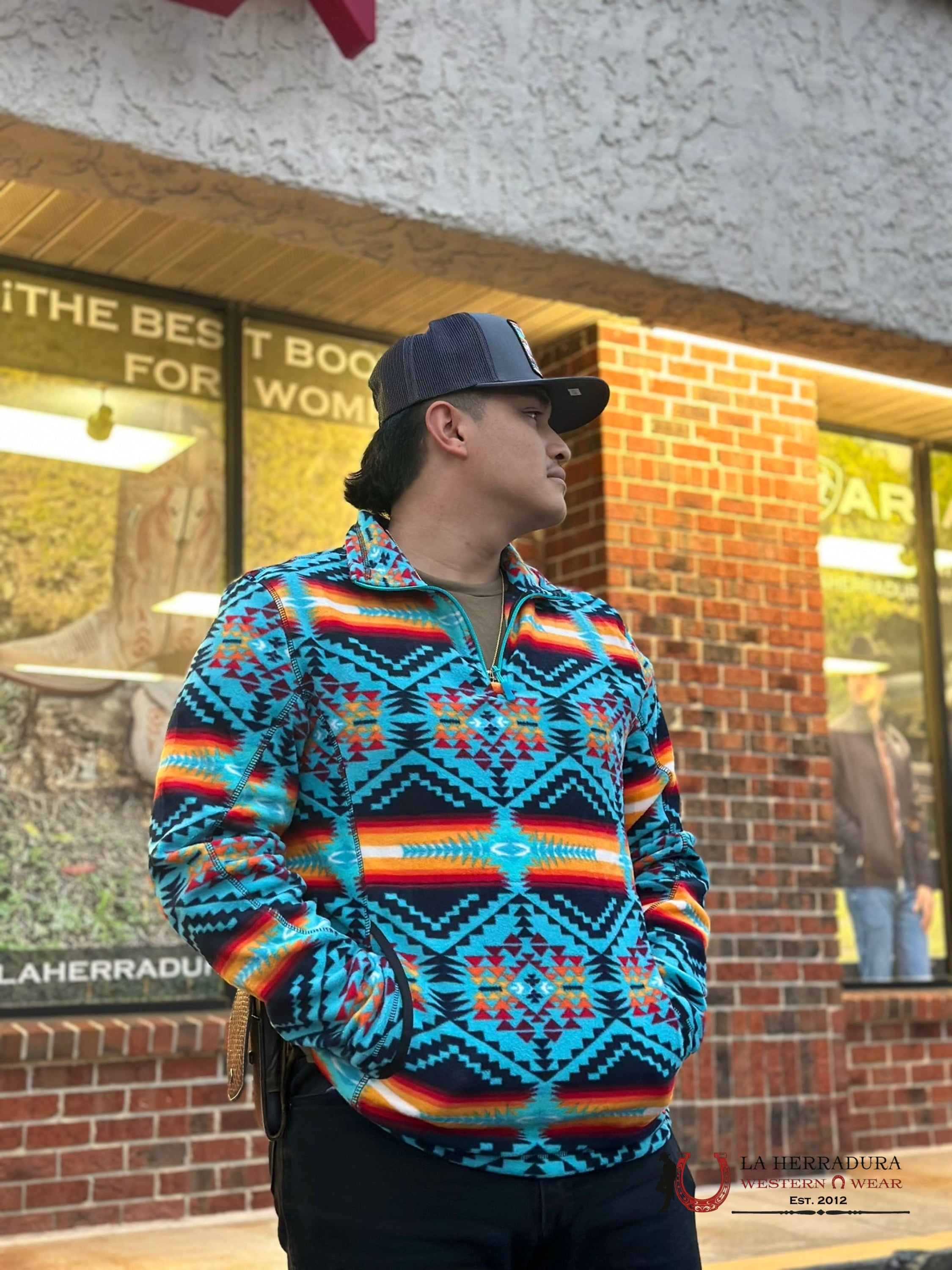 Rock & Roll Aztec Printed Pullover Jacket Teal W/Red Ropa Hombres