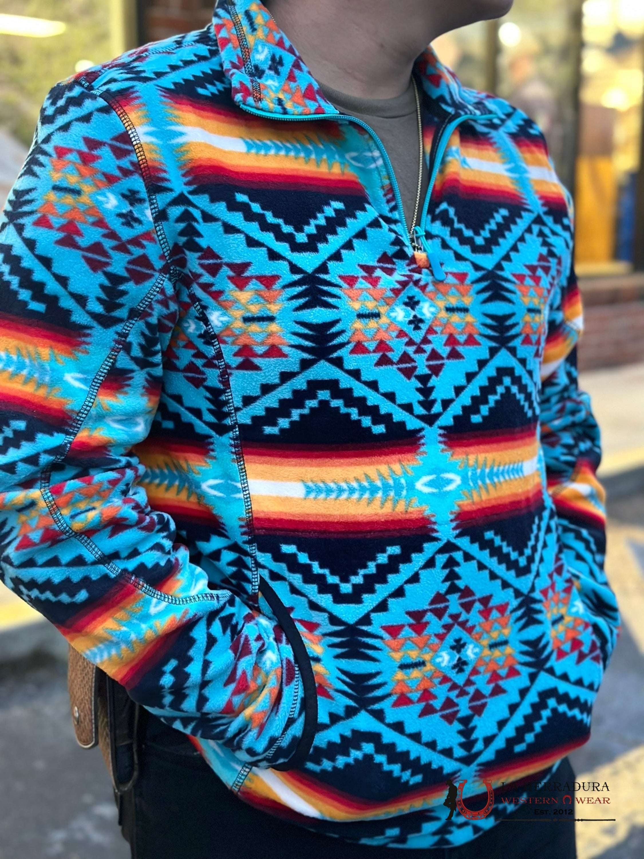 Rock & Roll Aztec Printed Pullover Jacket Teal W/Red Ropa Hombres